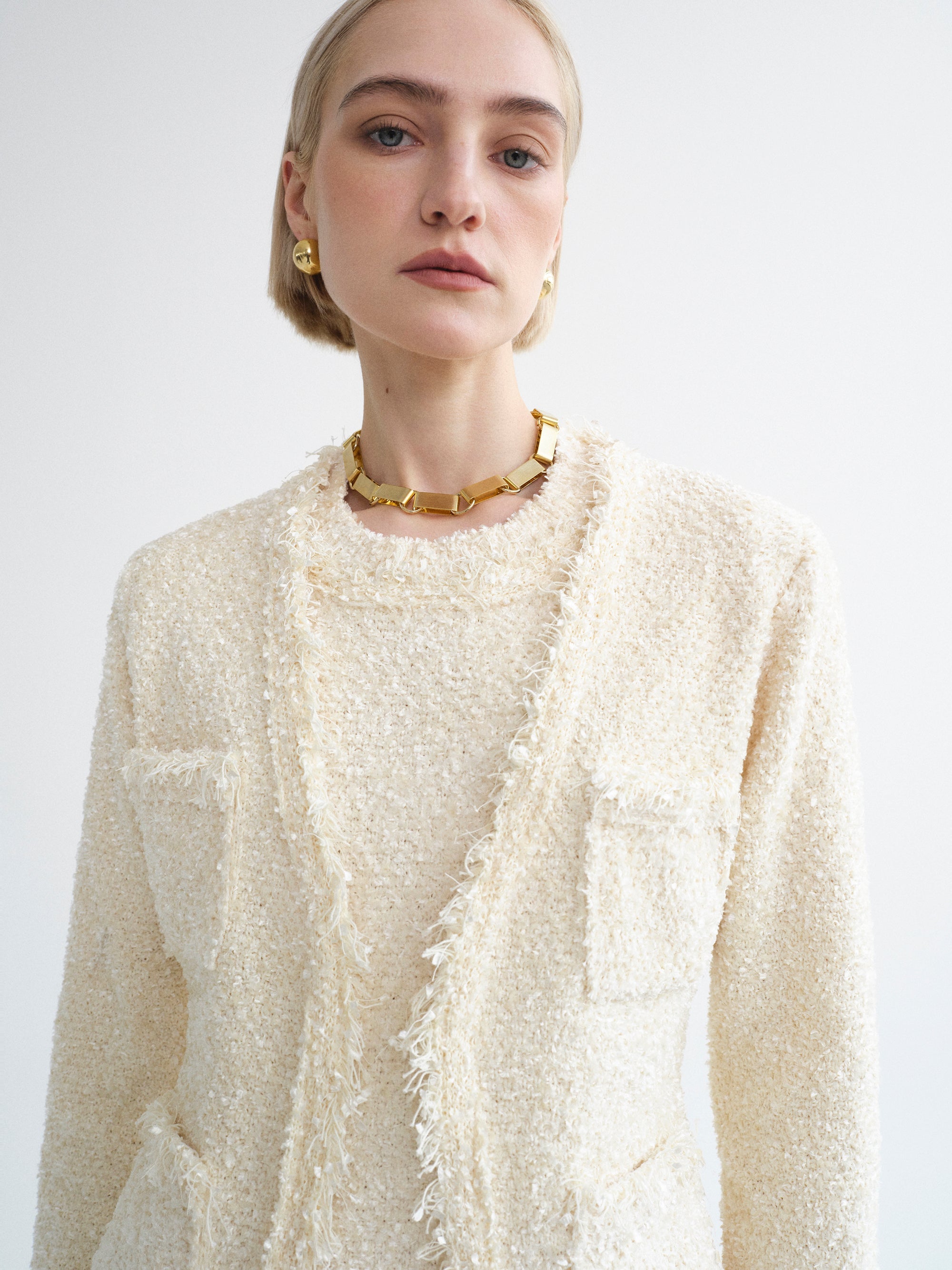 Cinched Waist Tweed Cardigan, Eggnog