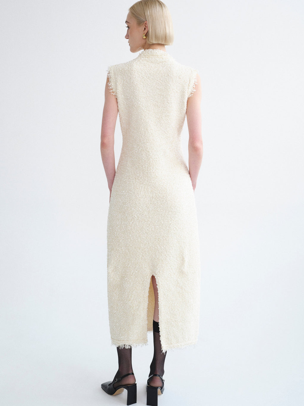 Cinched Waist Tweed Knit Dress, Eggnog