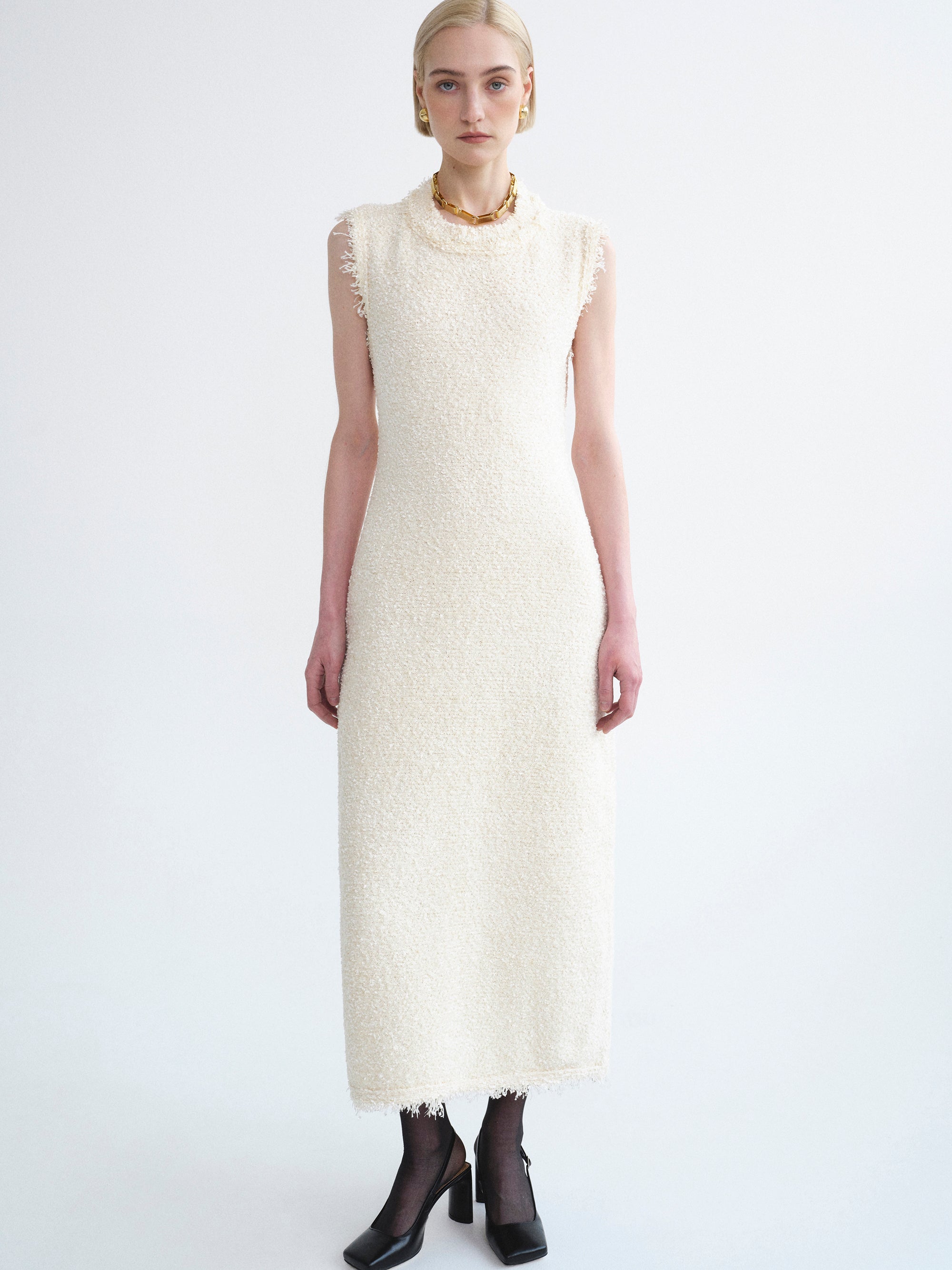 Cinched Waist Tweed Knit Dress, Eggnog