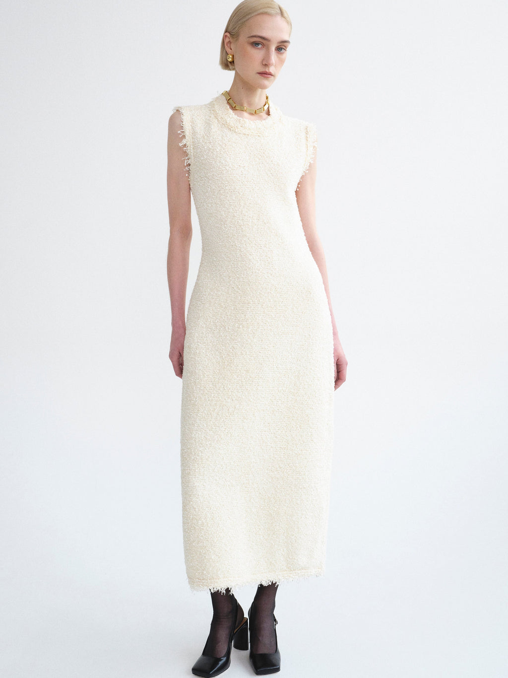 Cinched Waist Tweed Knit Dress, Eggnog