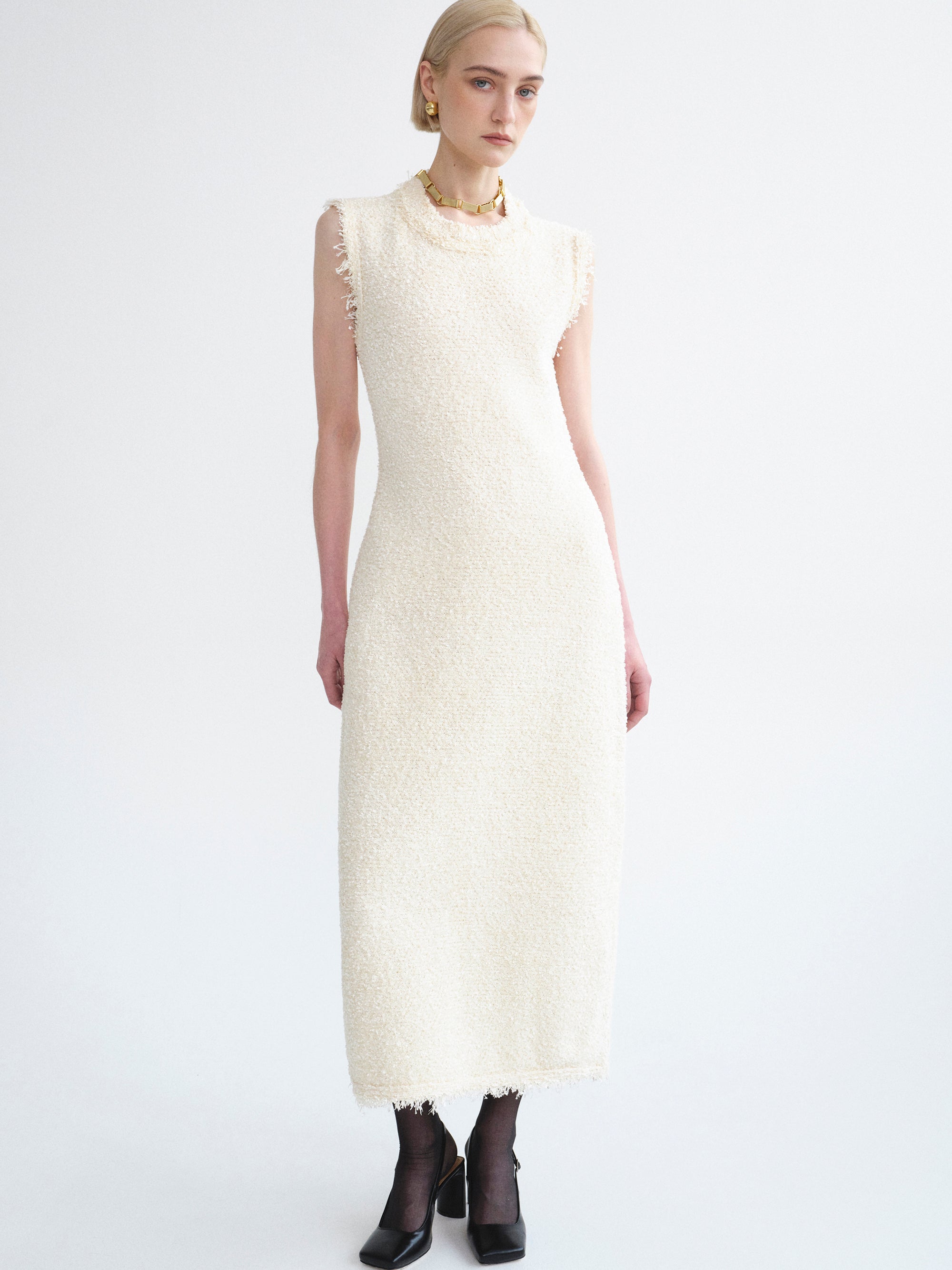 Cinched Waist Tweed Knit Dress, Eggnog