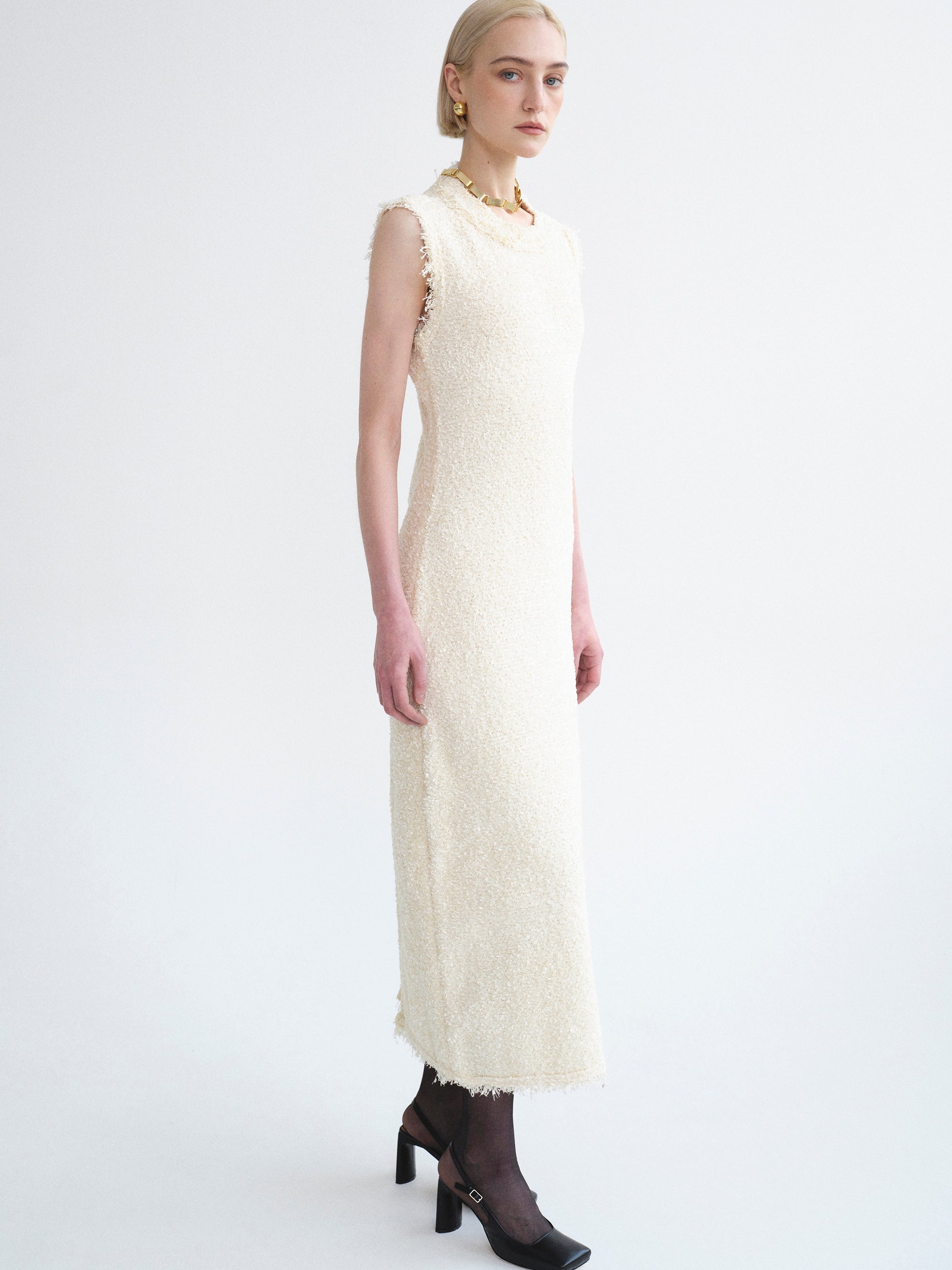 Cinched Waist Tweed Knit Dress, Eggnog