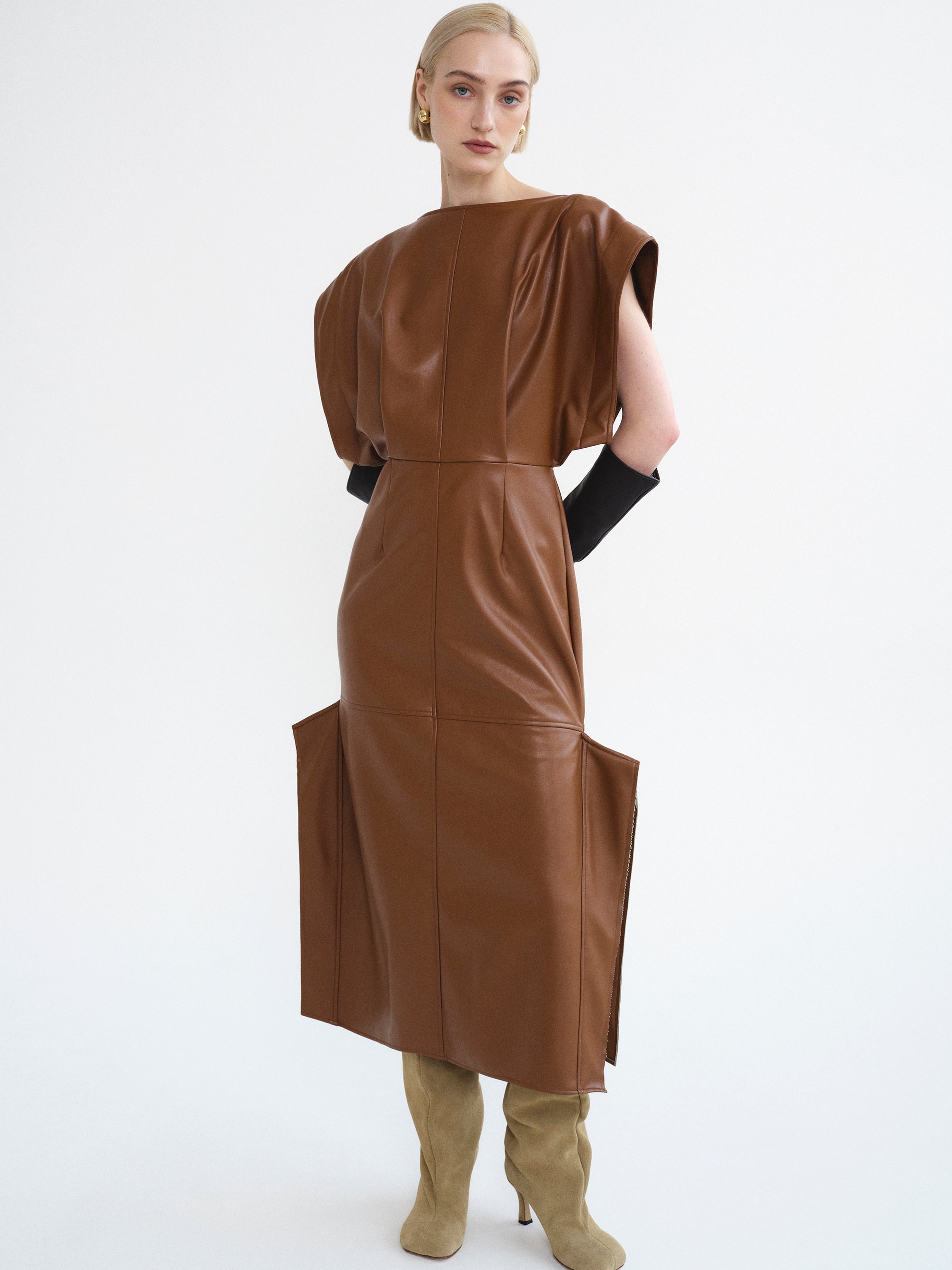 Sleeveless Faux-Leather Dress, Caramel