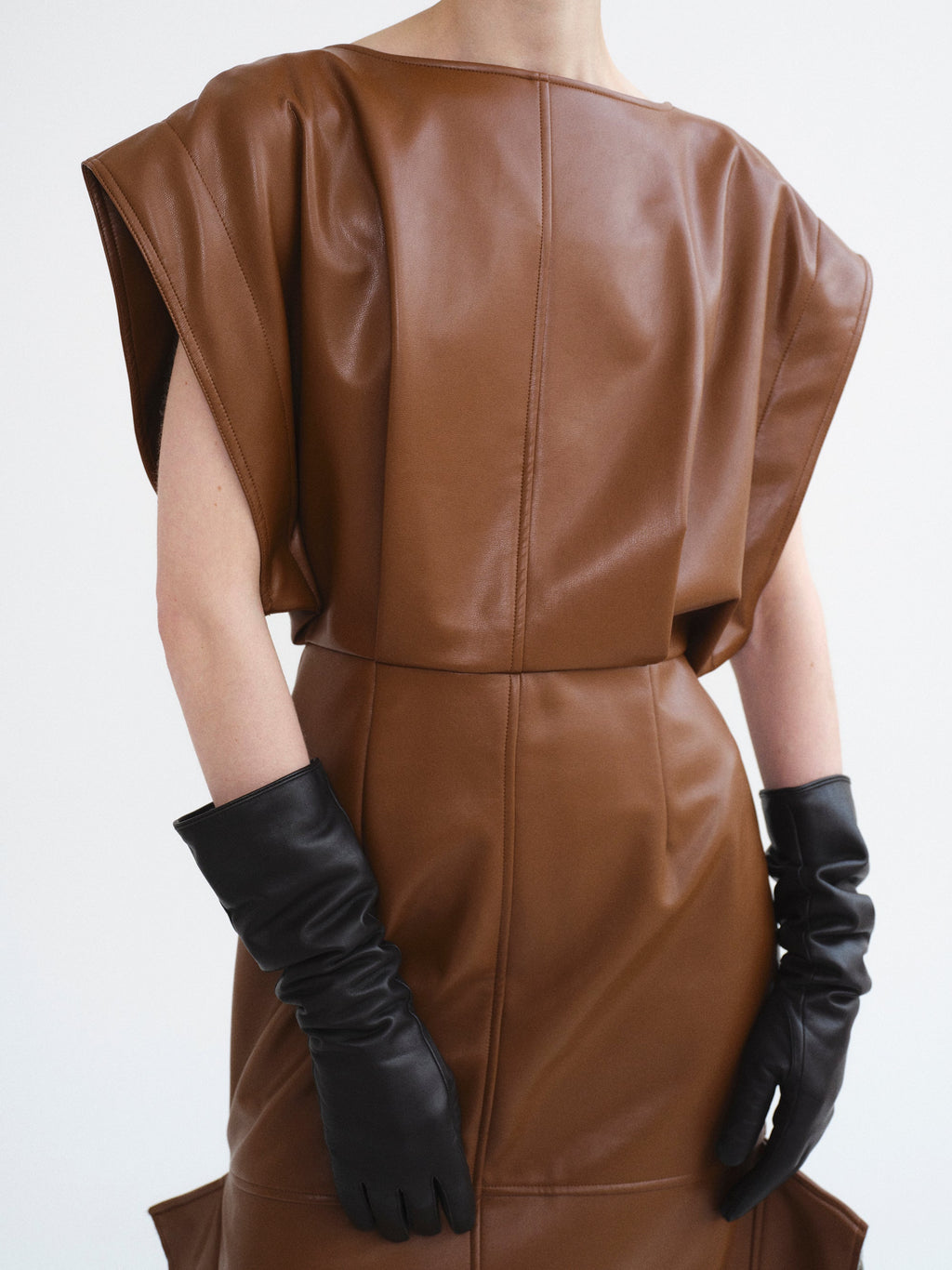 Sleeveless Faux-Leather Dress, Caramel