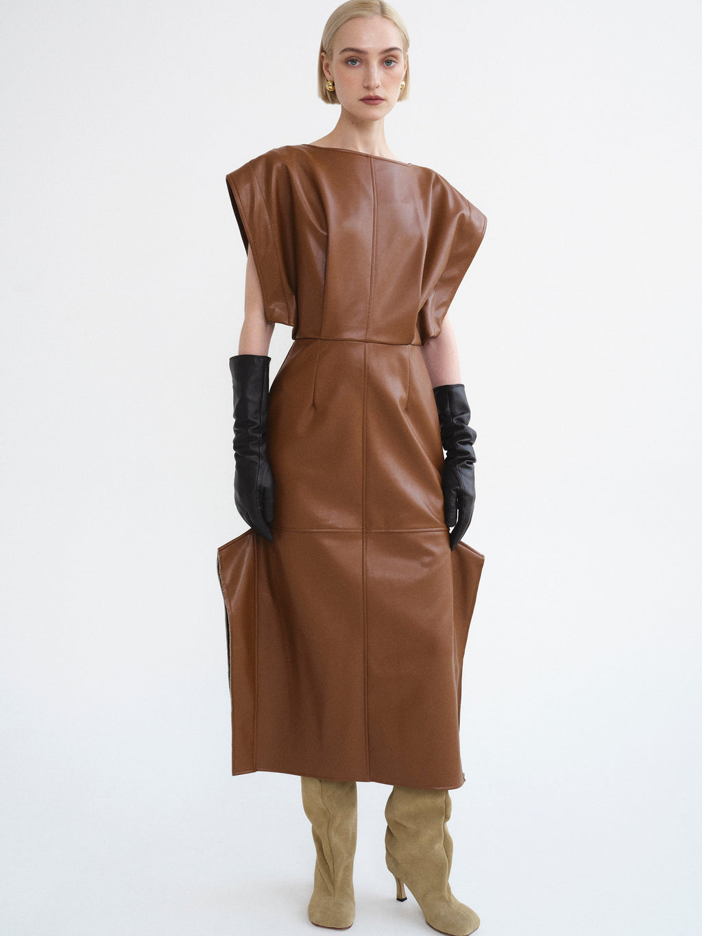Sleeveless Faux-Leather Dress, Caramel