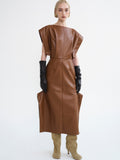 Sleeveless Faux-Leather Dress, Caramel