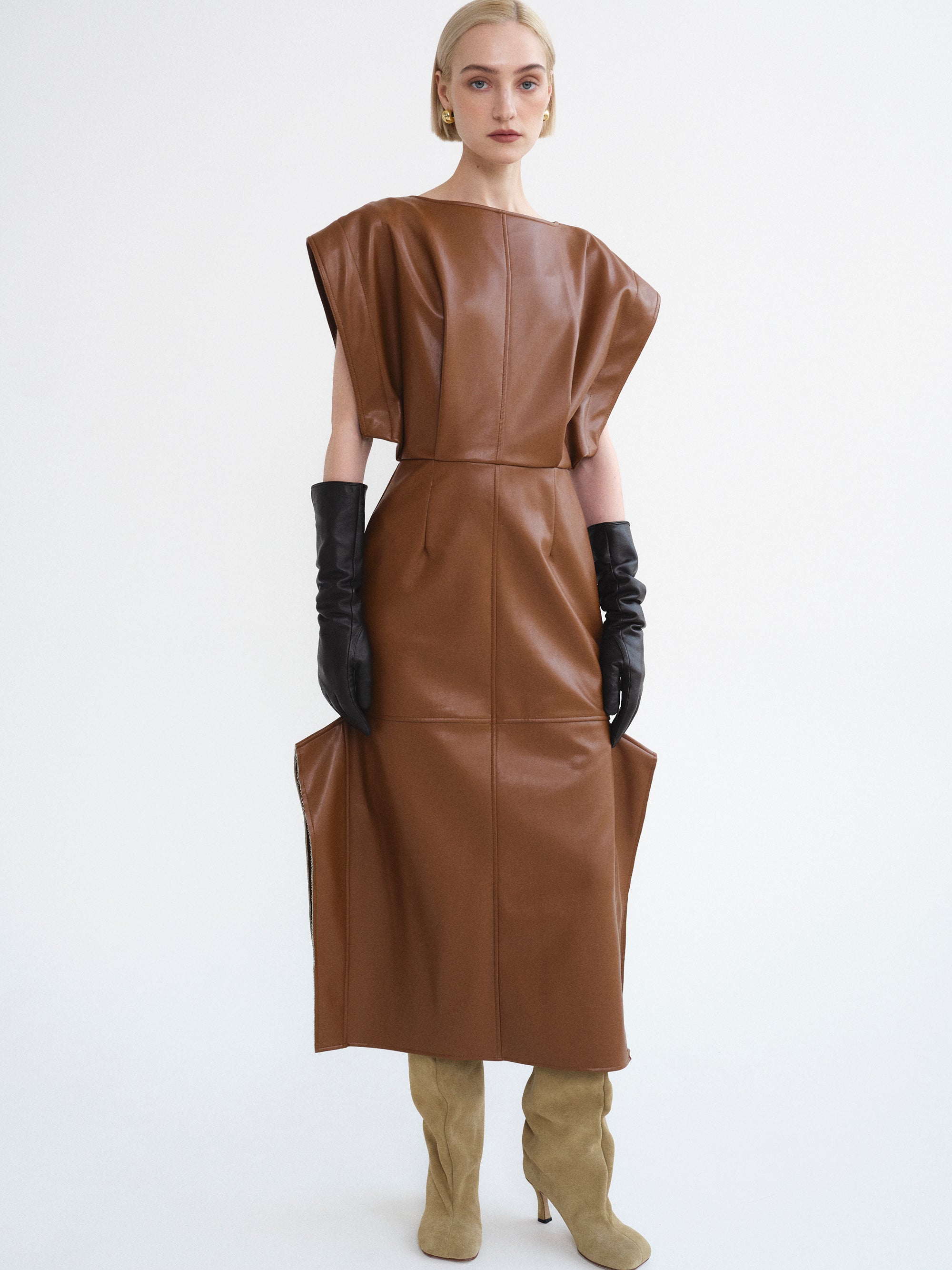 Sleeveless Faux-Leather Dress, Caramel