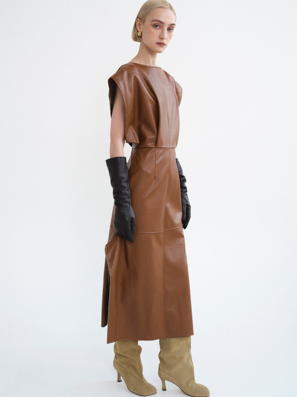 Sleeveless Faux-Leather Dress, Caramel