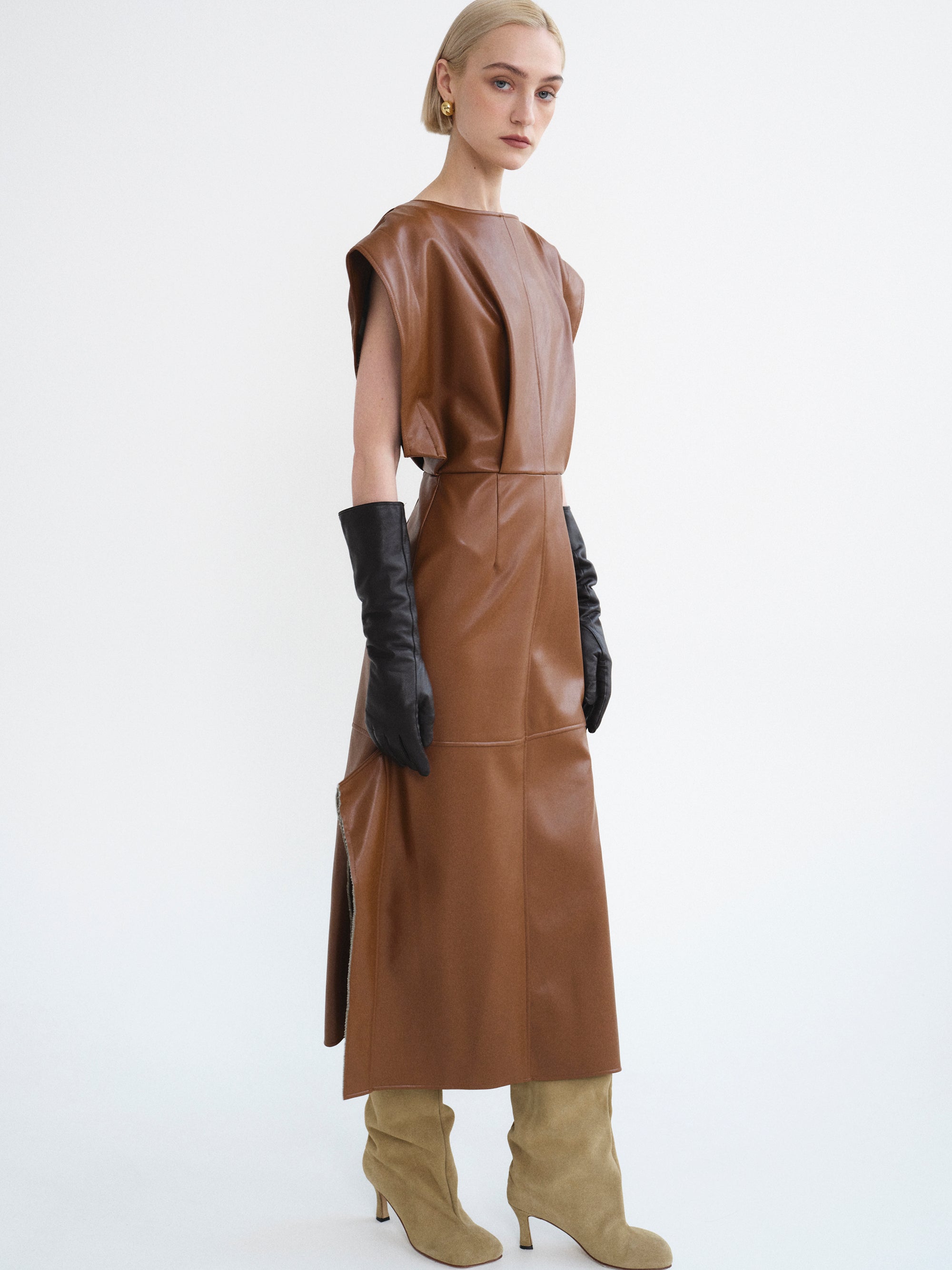 Sleeveless Faux-Leather Dress, Caramel