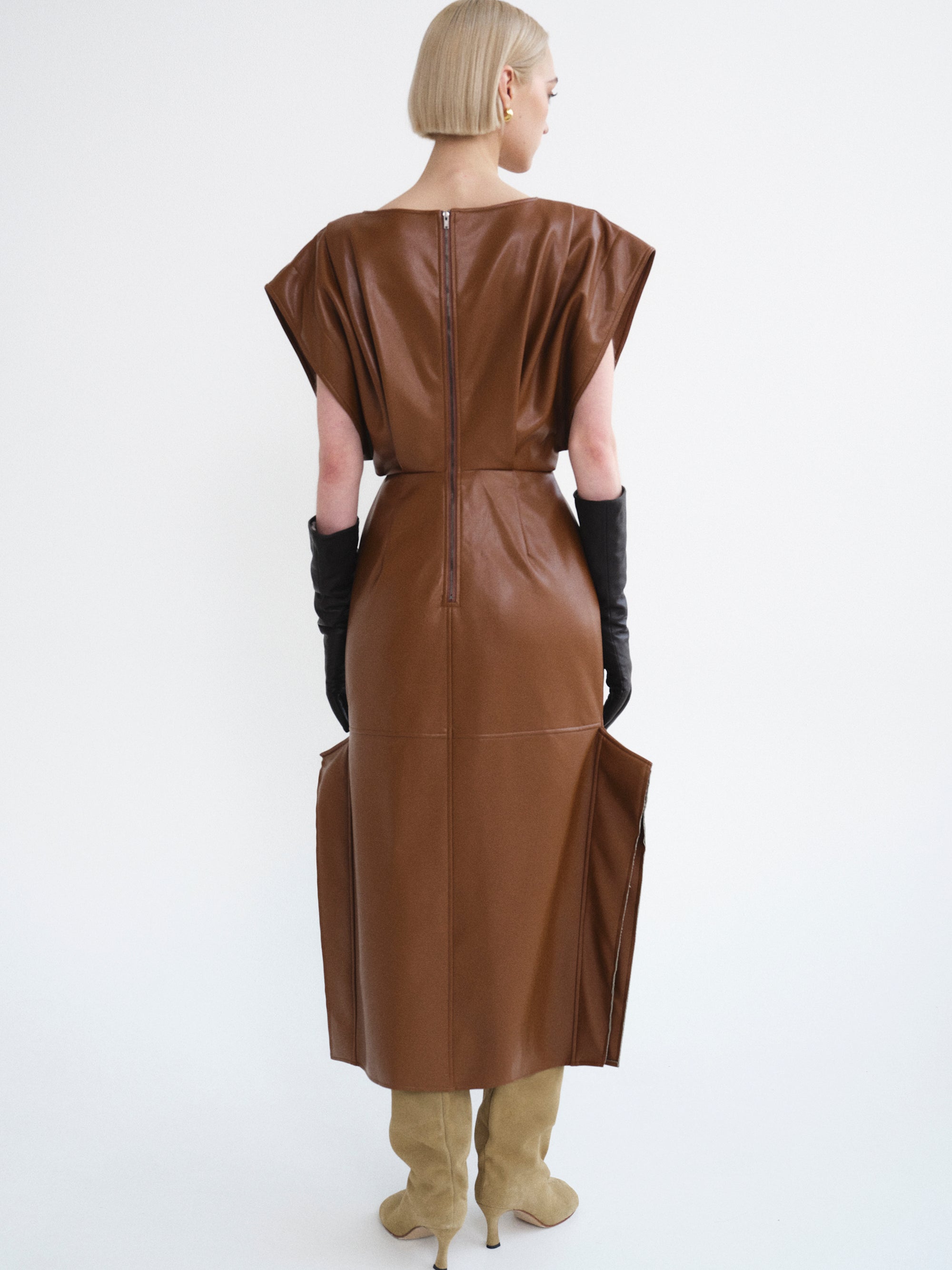 Sleeveless Faux-Leather Dress, Caramel