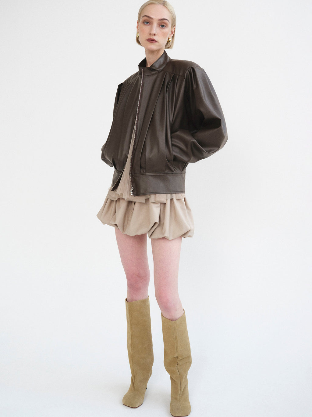 Stand Collar Leather Jacket, Dark Brown