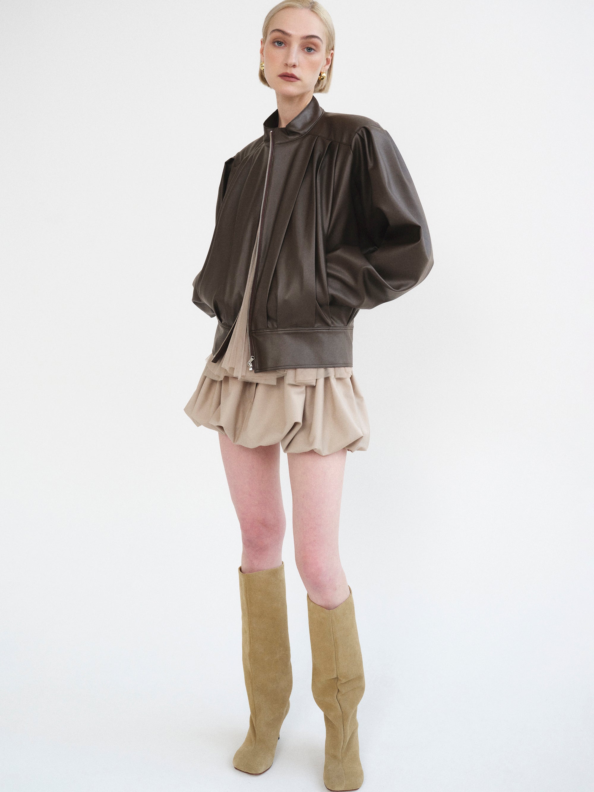 Stand Collar Leather Jacket, Dark Brown