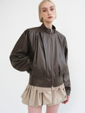 Stand Collar Leather Jacket, Dark Brown