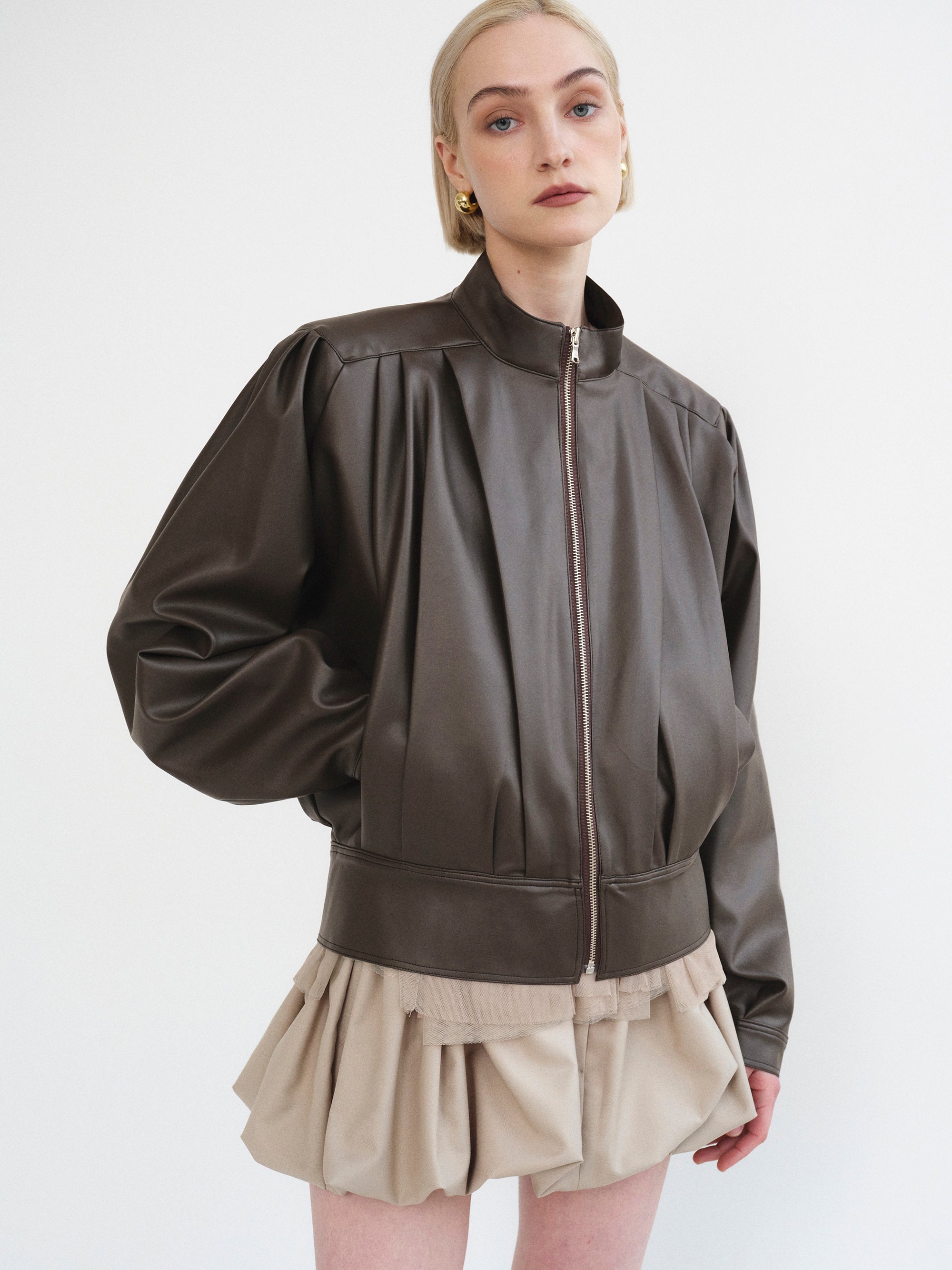 Stand Collar Leather Jacket, Dark Brown