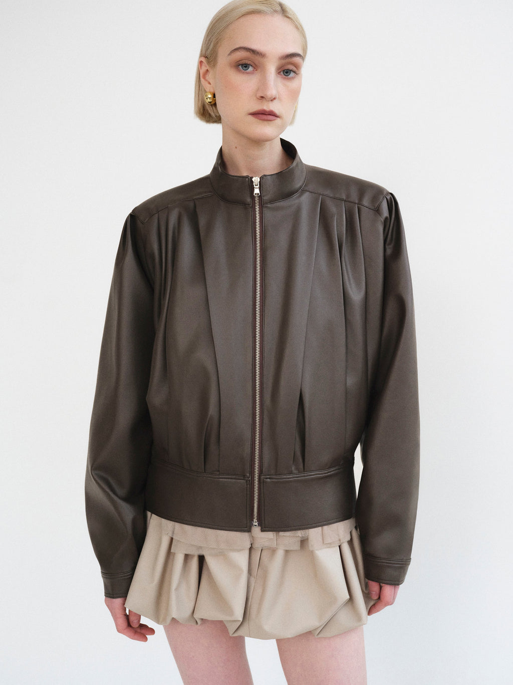 Stand Collar Leather Jacket, Dark Brown