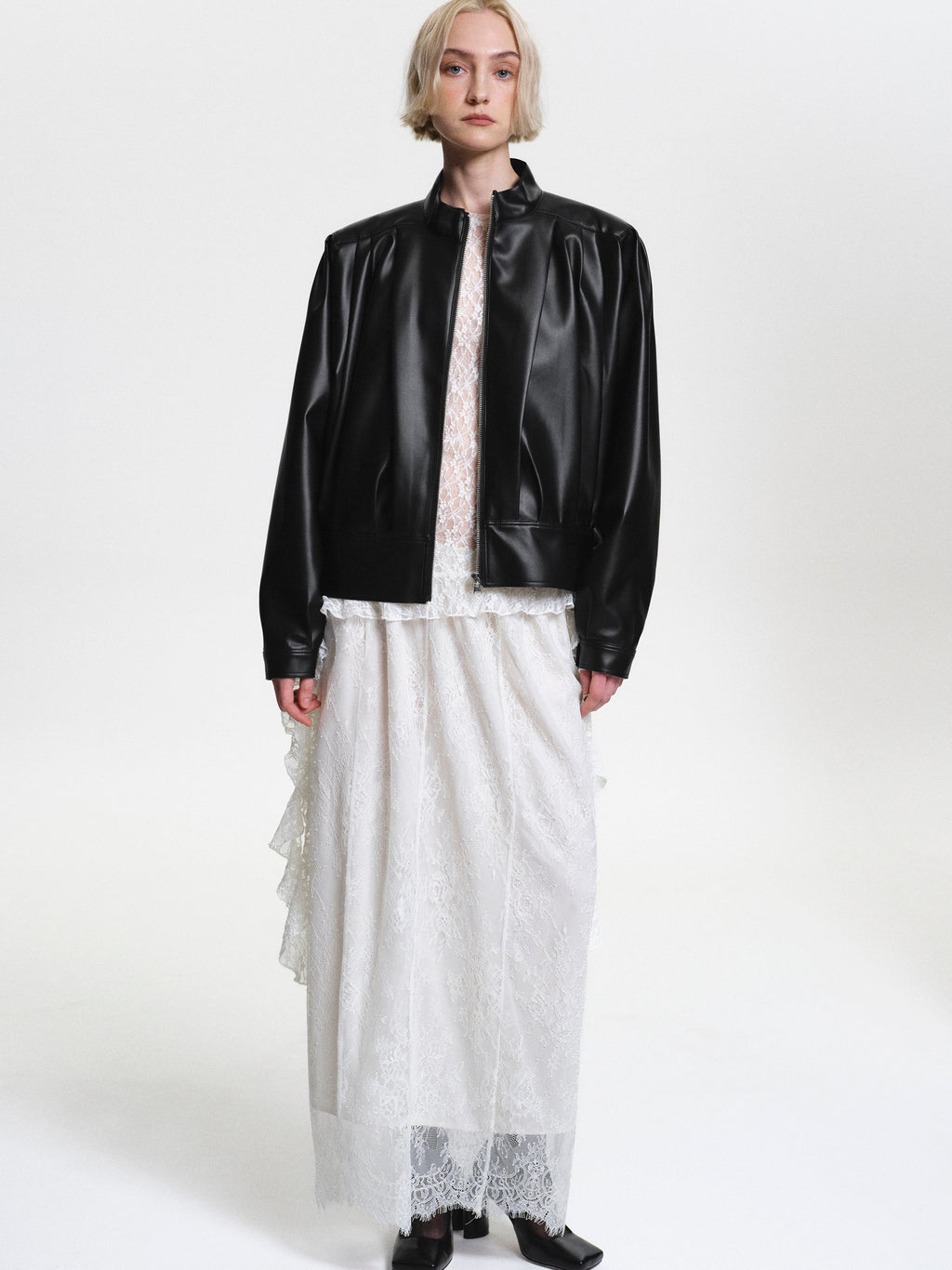 Stand Collar Leather Jacket, Black