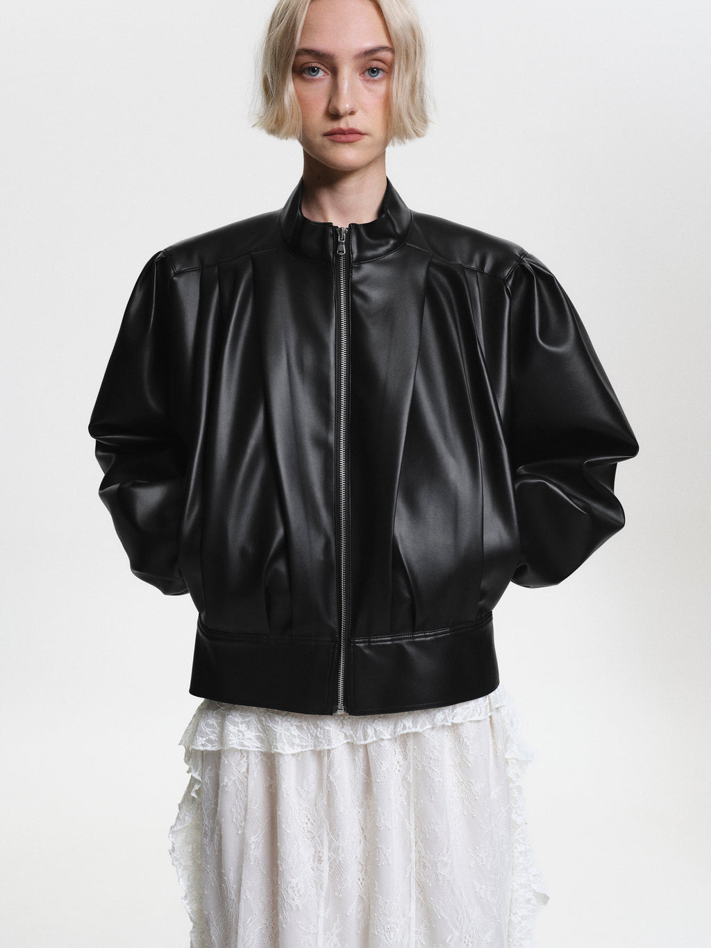 Stand Collar Leather Jacket, Black