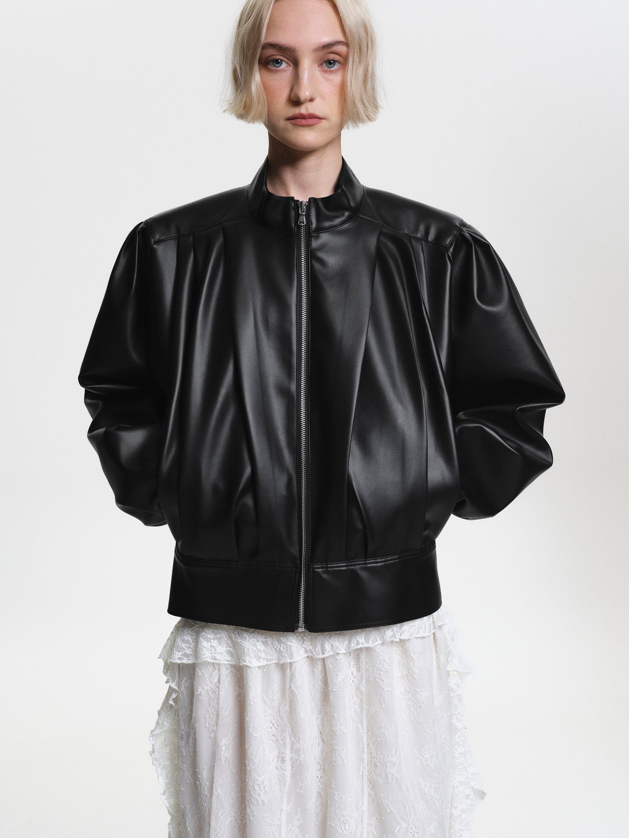 Stand Collar Leather Jacket, Black