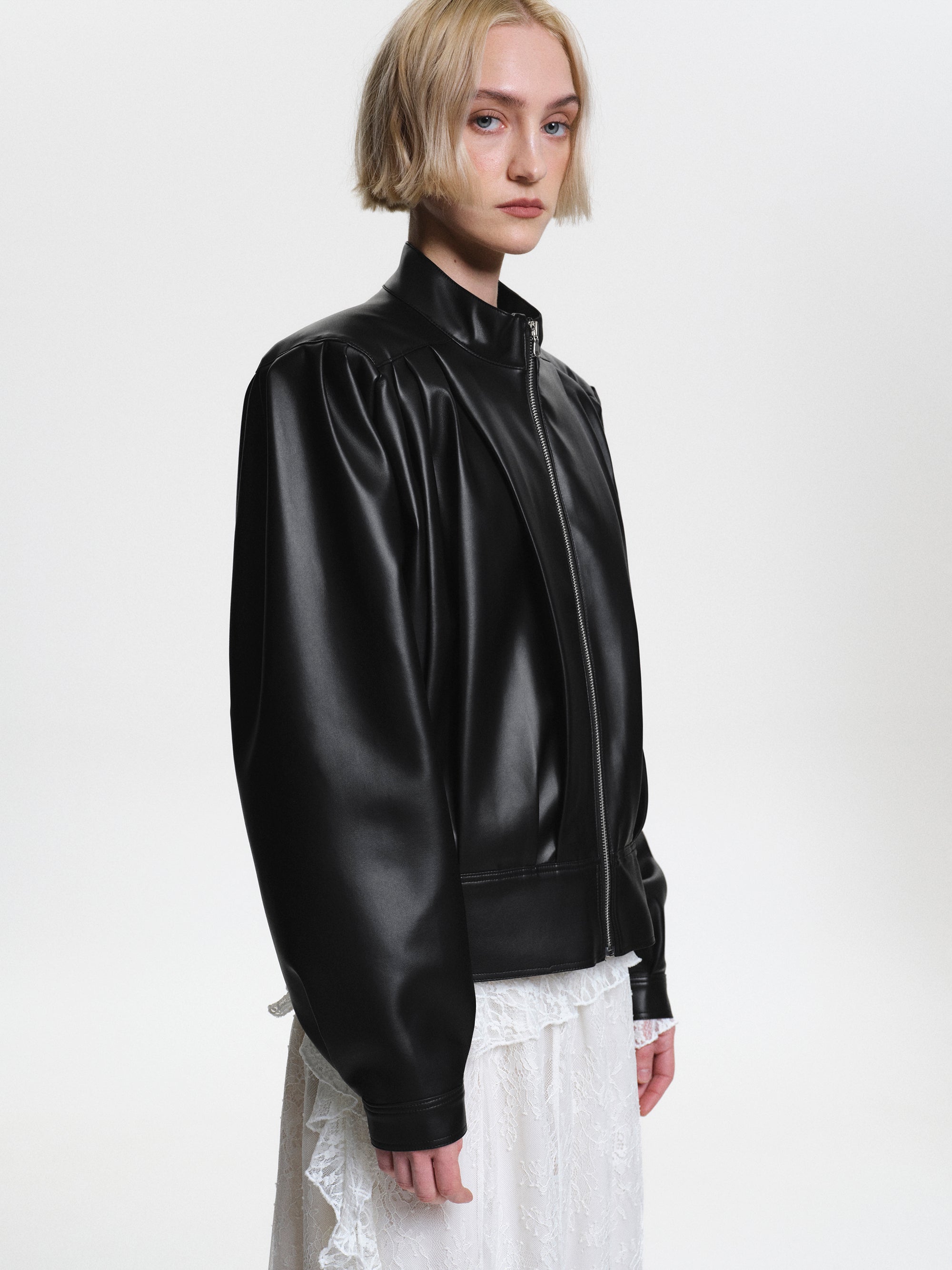 Stand Collar Leather Jacket, Black