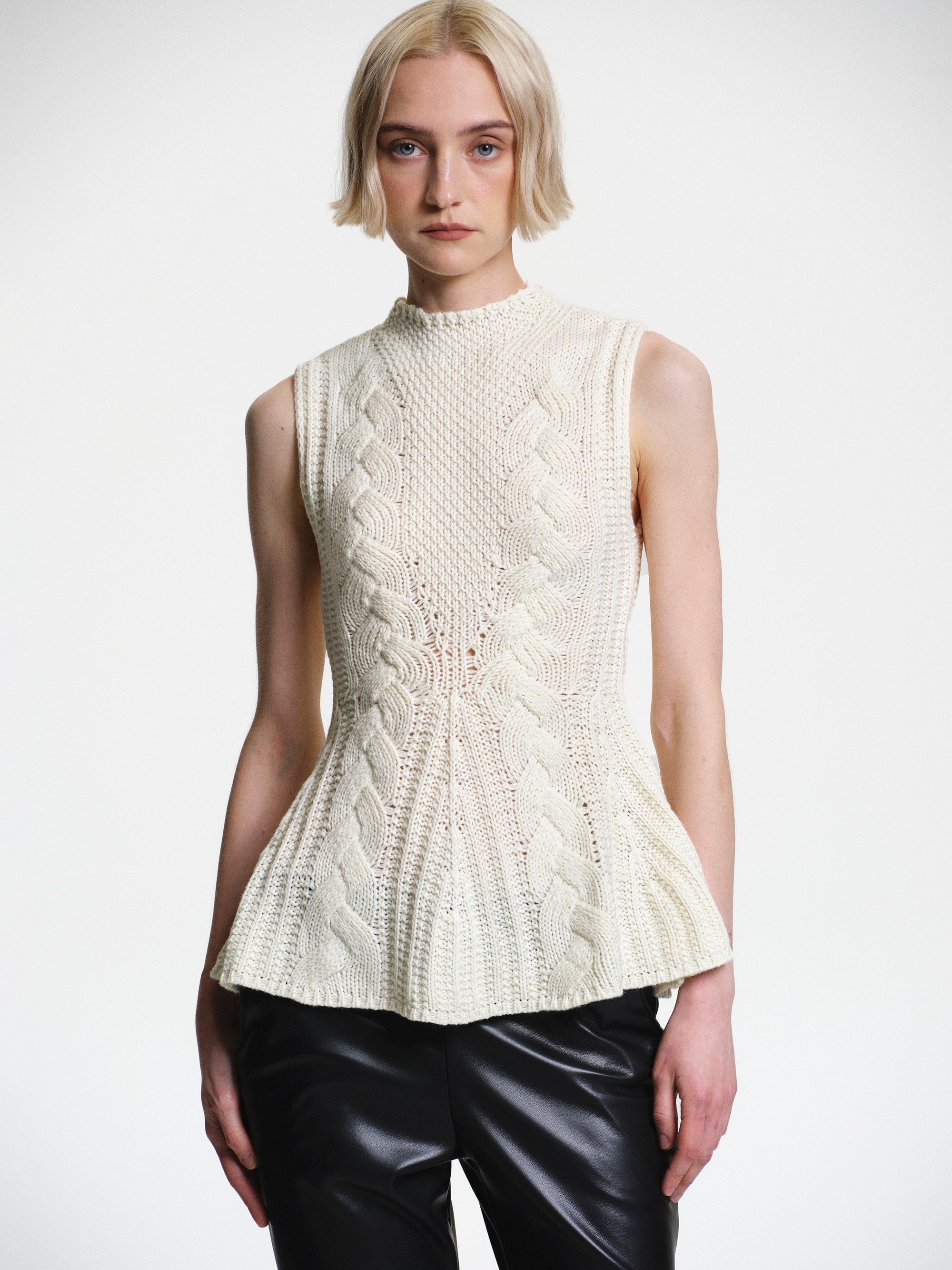 Peplum Cable Knit Top, White
