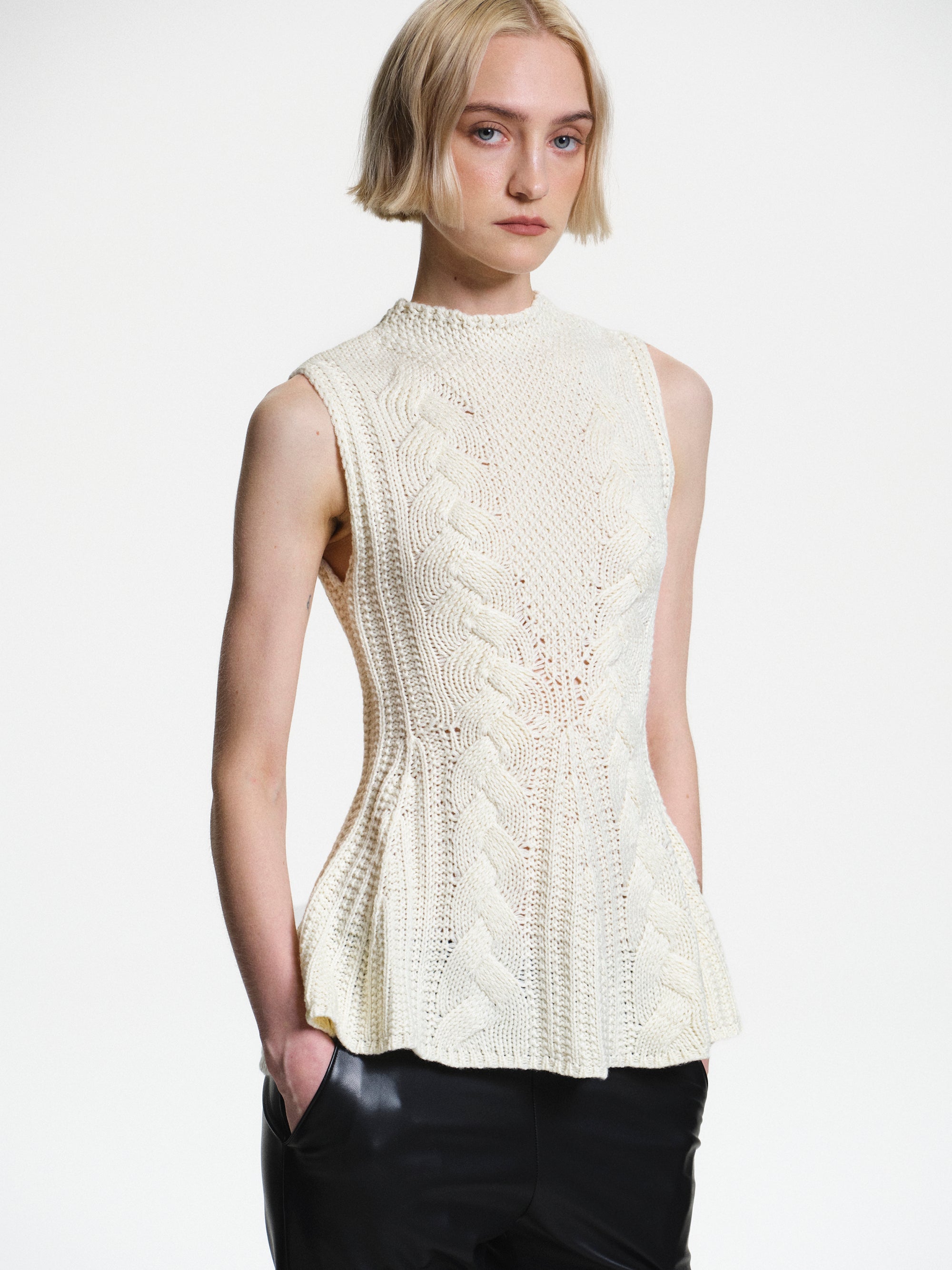 Peplum Cable Knit Top, White