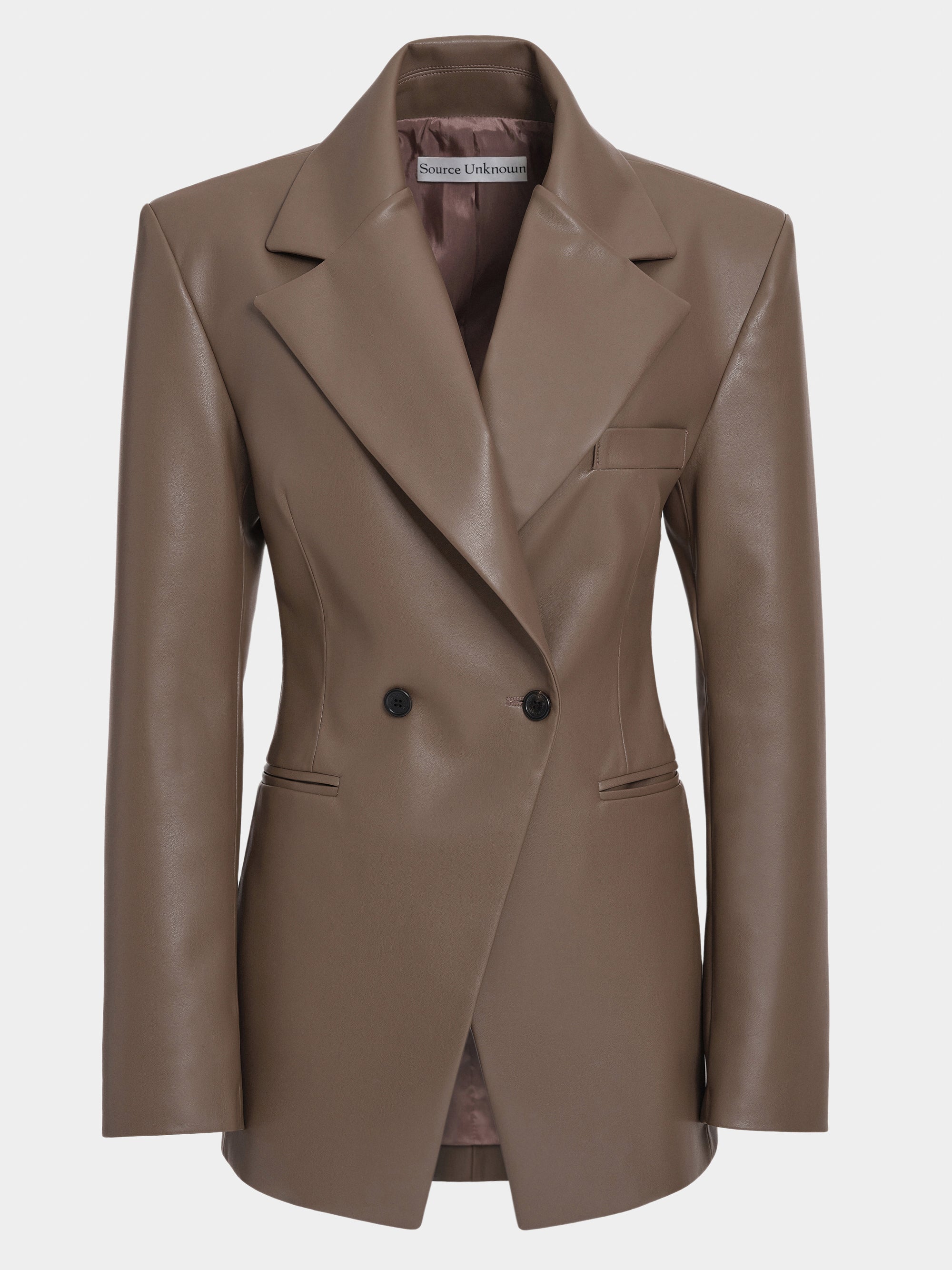 Faux-Leather Cinched Blazer, Mocha