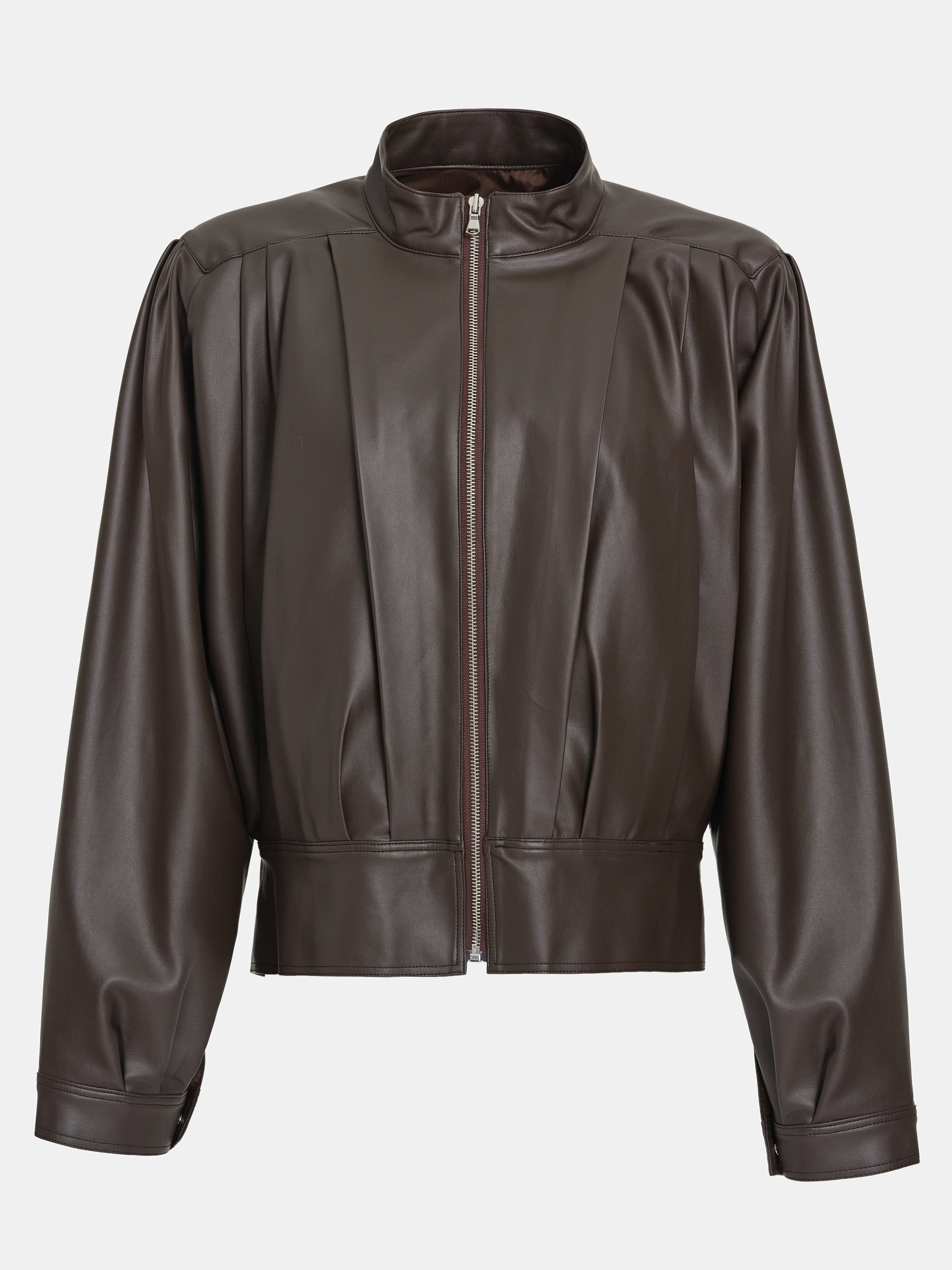 Stand Collar Leather Jacket, Dark Brown