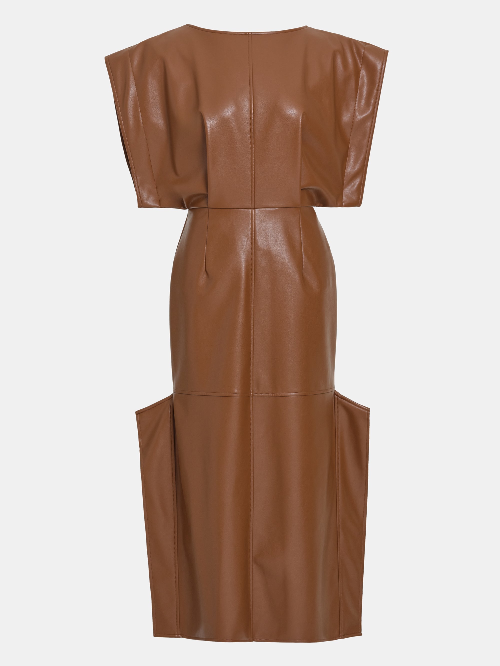 Sleeveless Faux-Leather Dress, Caramel