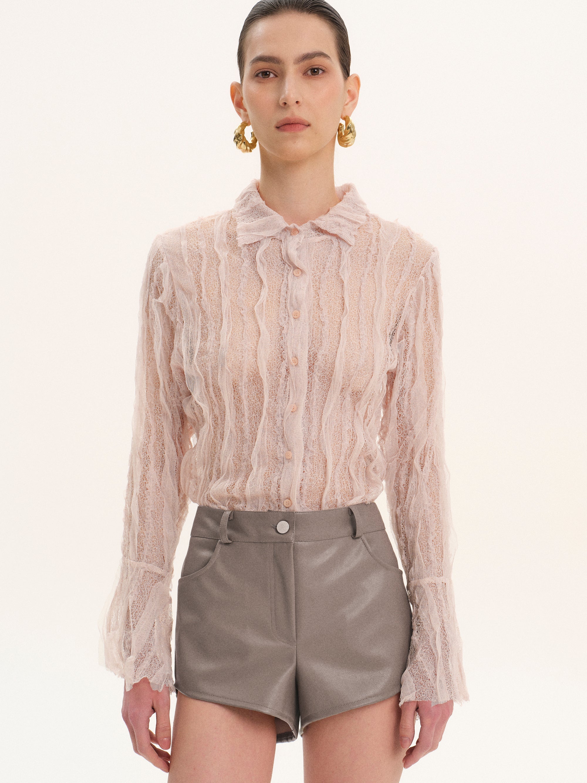 Sheer Lace Frill Shirt, Pink