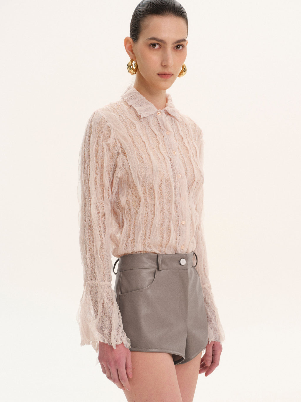Sheer Lace Frill Shirt, Pink