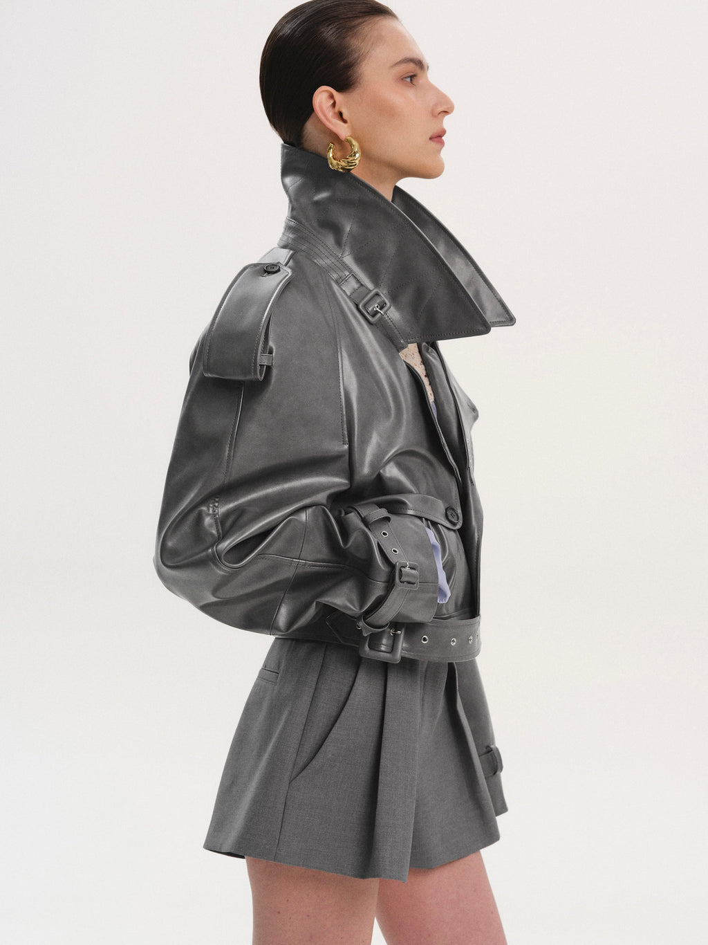 Buckled Faux-Leather Cropped Jacket, Grey