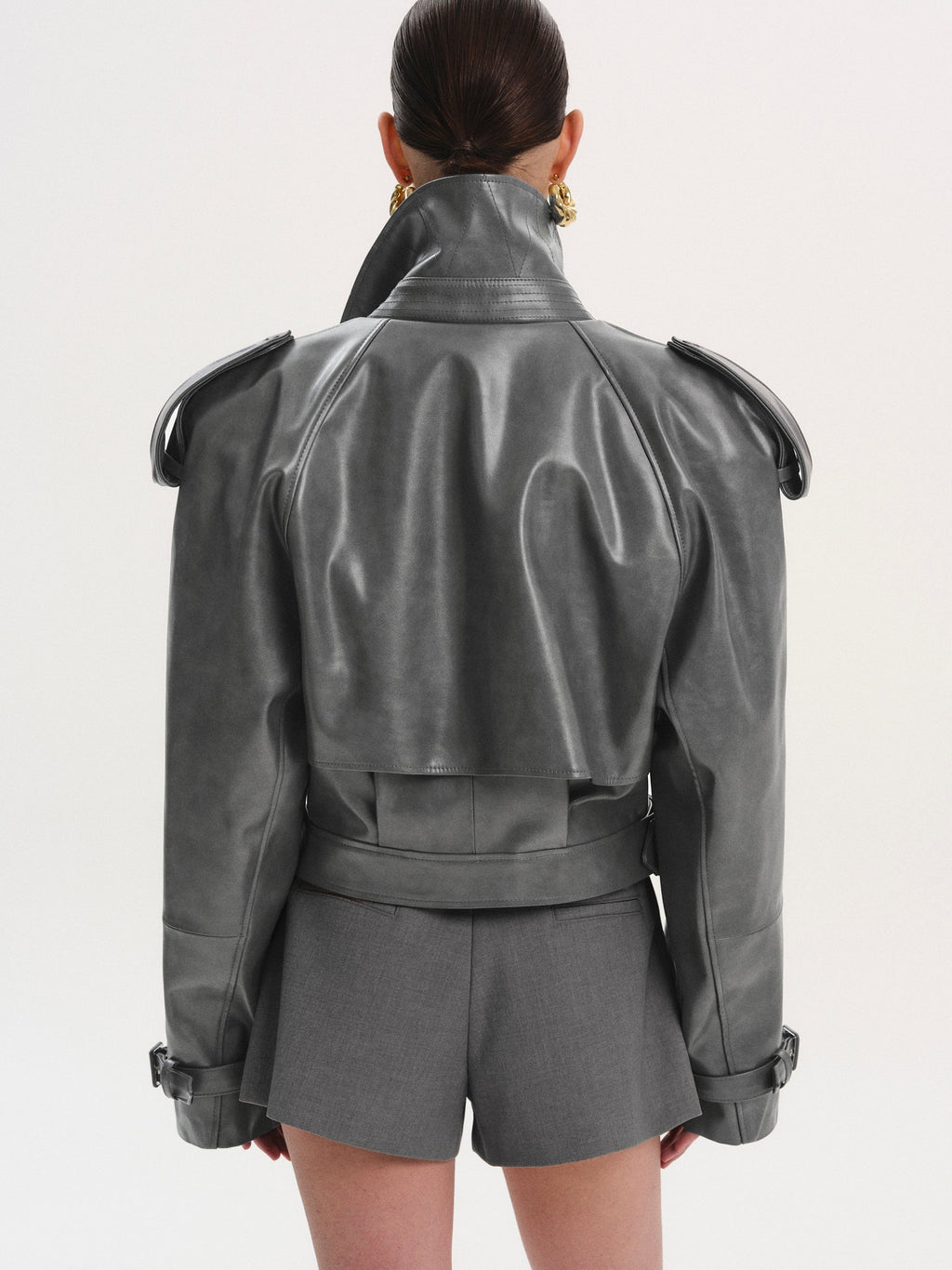 Buckled Faux-Leather Cropped Jacket, Grey