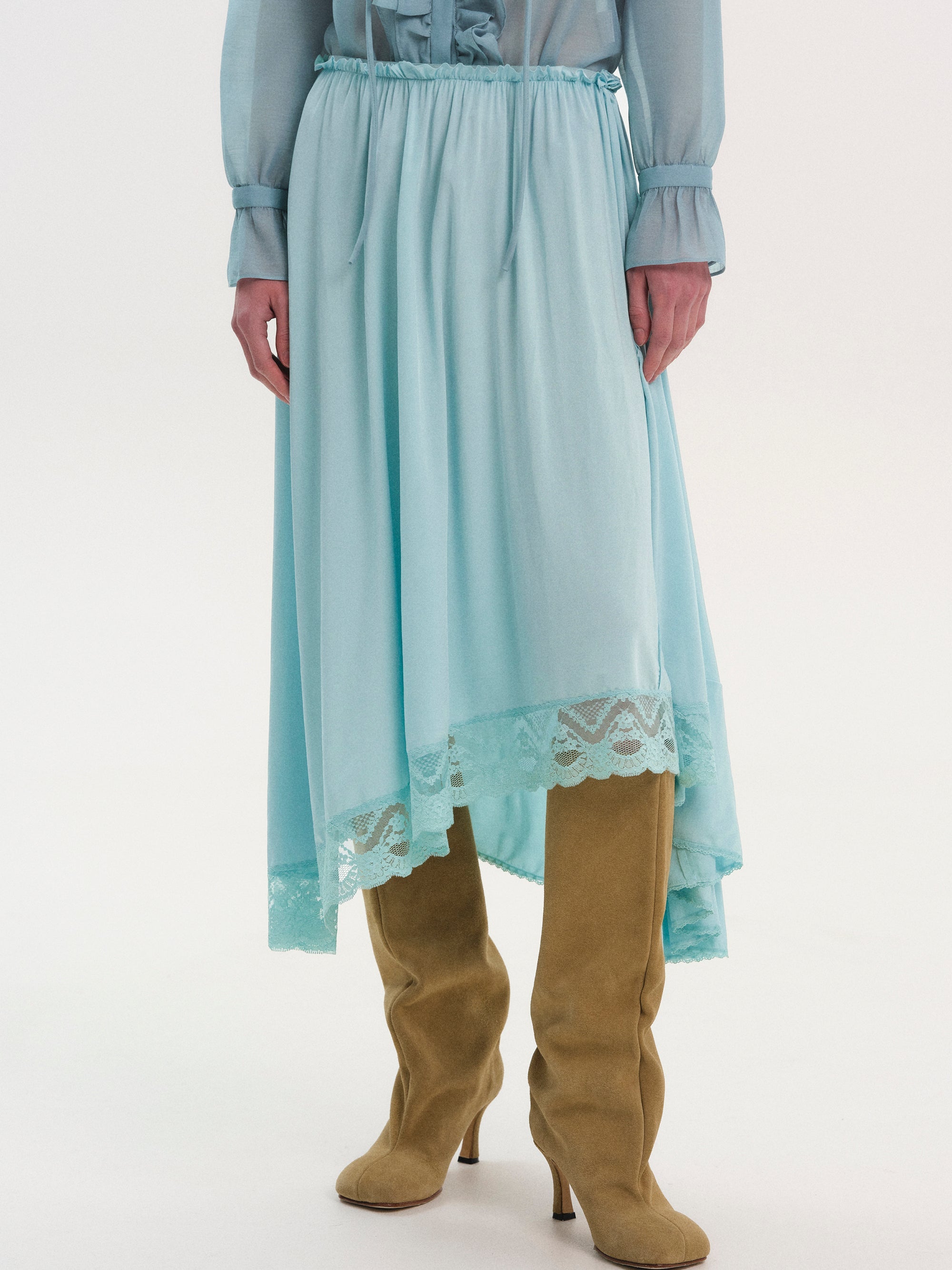 Elasticated Lace-Trim Skirt, Turquoise