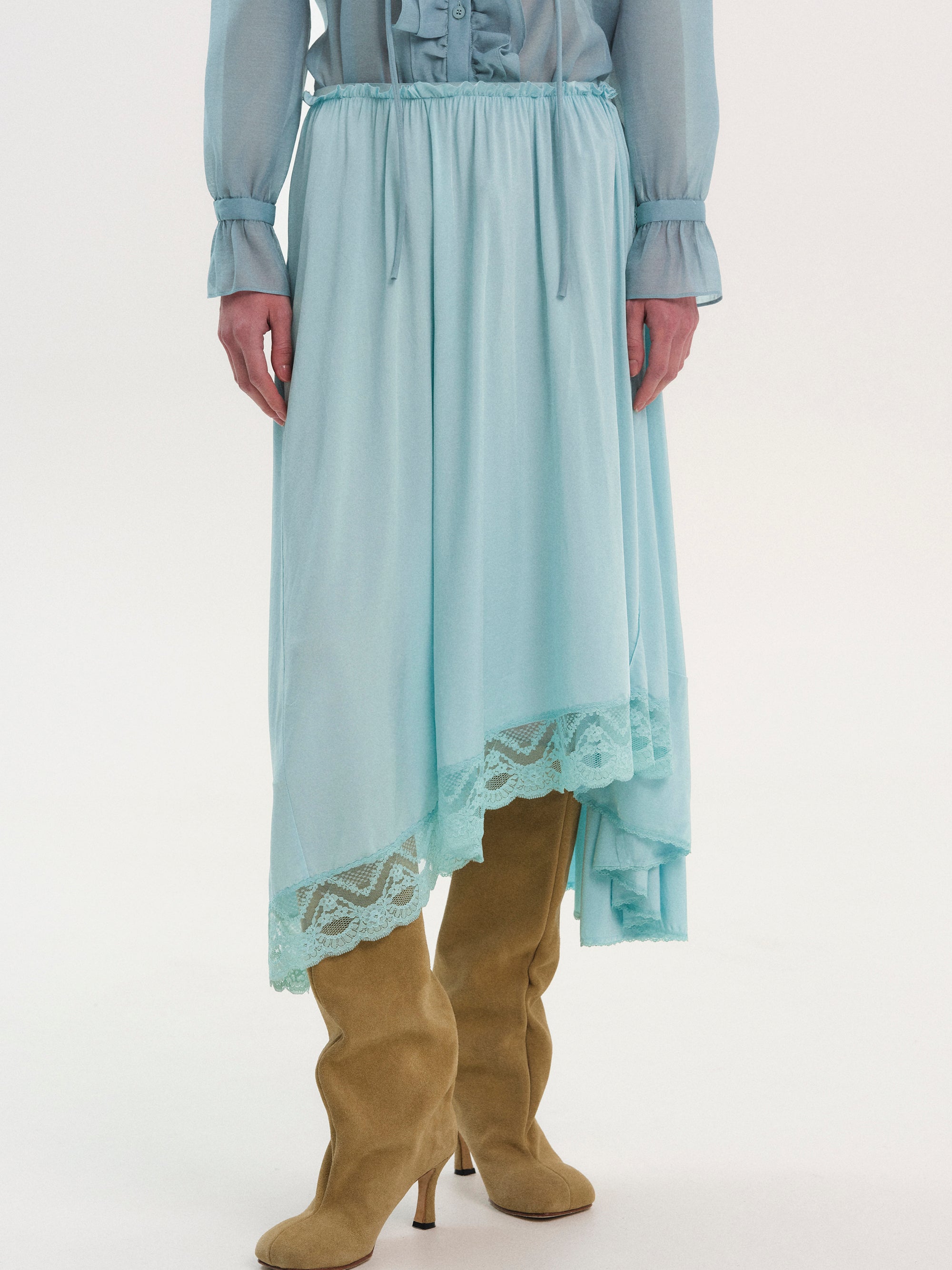 Elasticated Lace-Trim Skirt, Turquoise