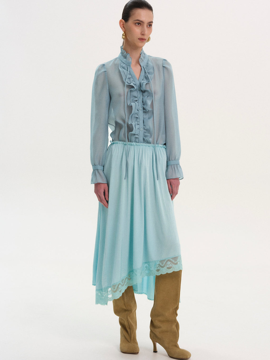 Elasticated Lace-Trim Skirt, Turquoise
