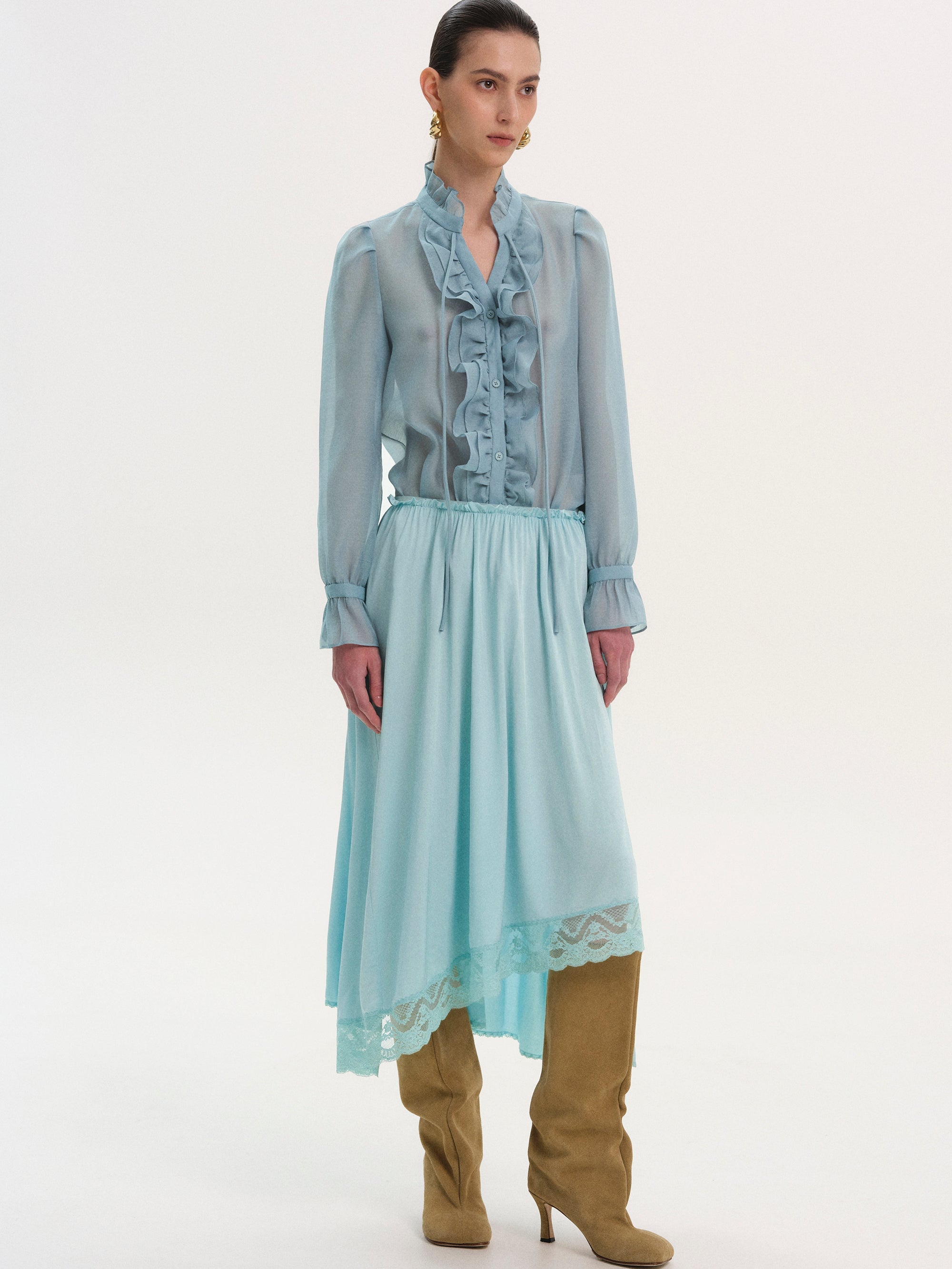 Elasticated Lace-Trim Skirt, Turquoise