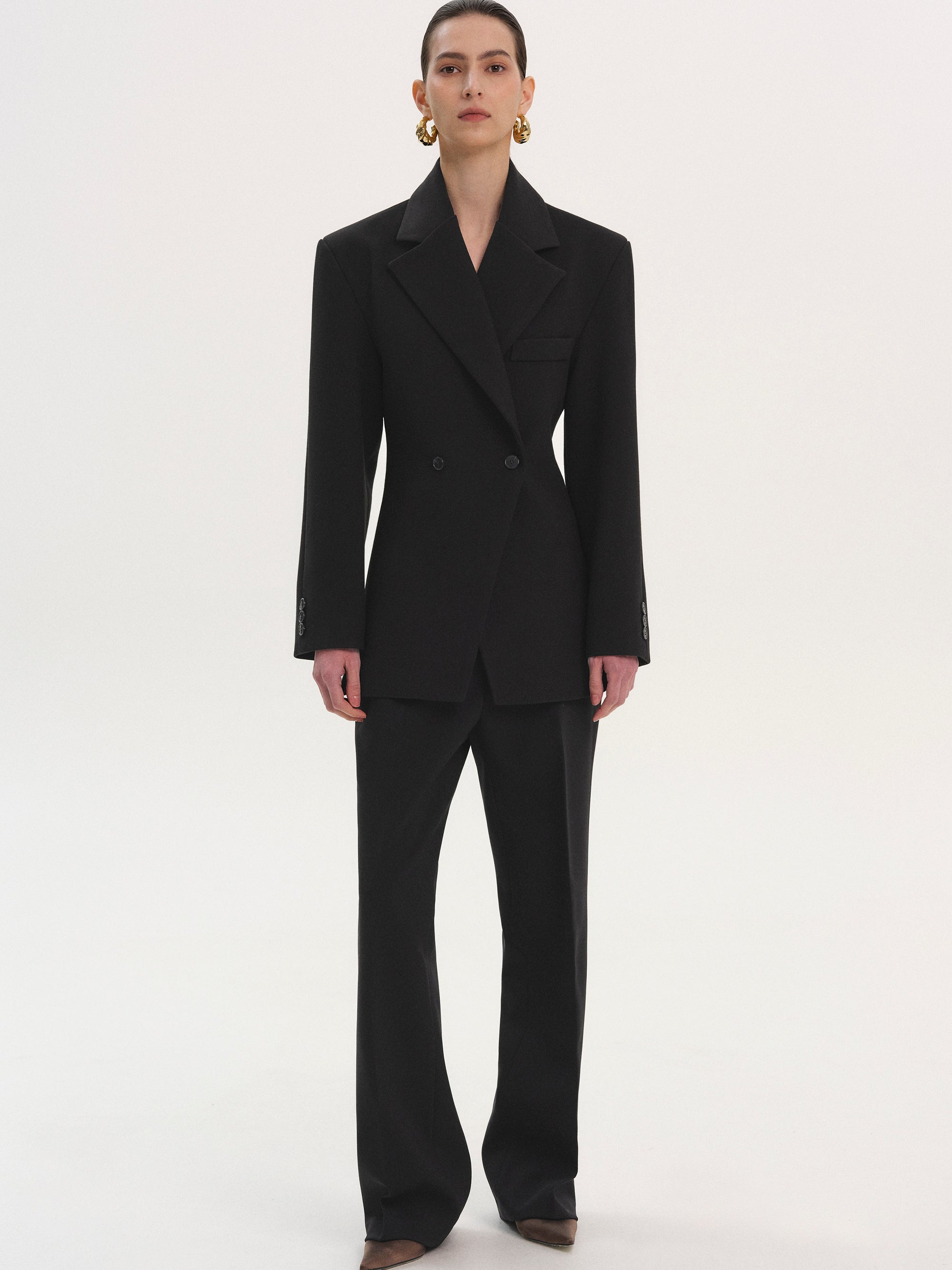 Double Breasted Cinched Blazer, Black