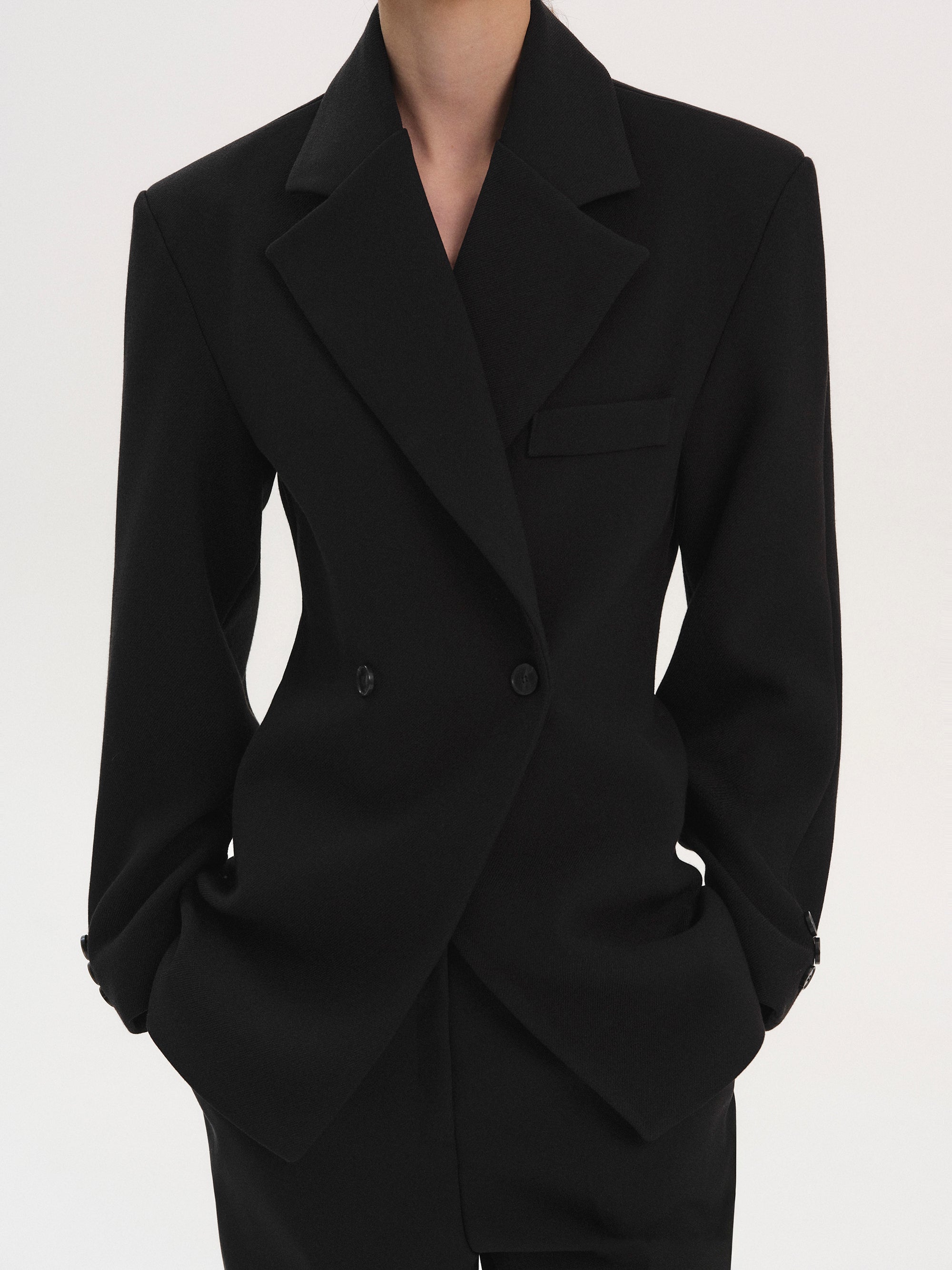 Double Breasted Cinched Blazer, Black