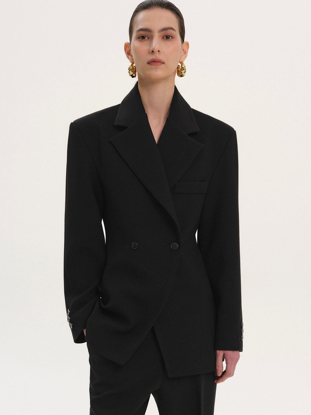 Double Breasted Cinched Blazer, Black