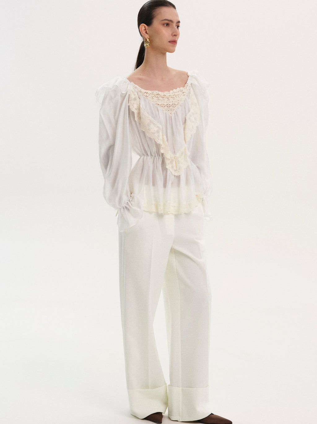 Broderie Lace Ruffle Blouse, Ivory