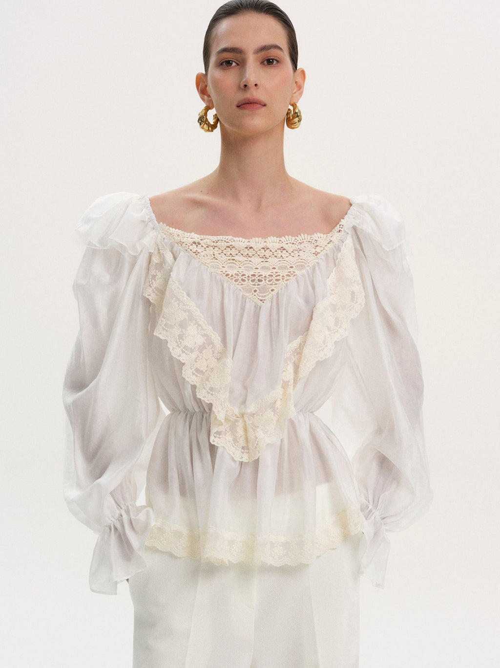 Broderie Lace Ruffle Blouse, Ivory