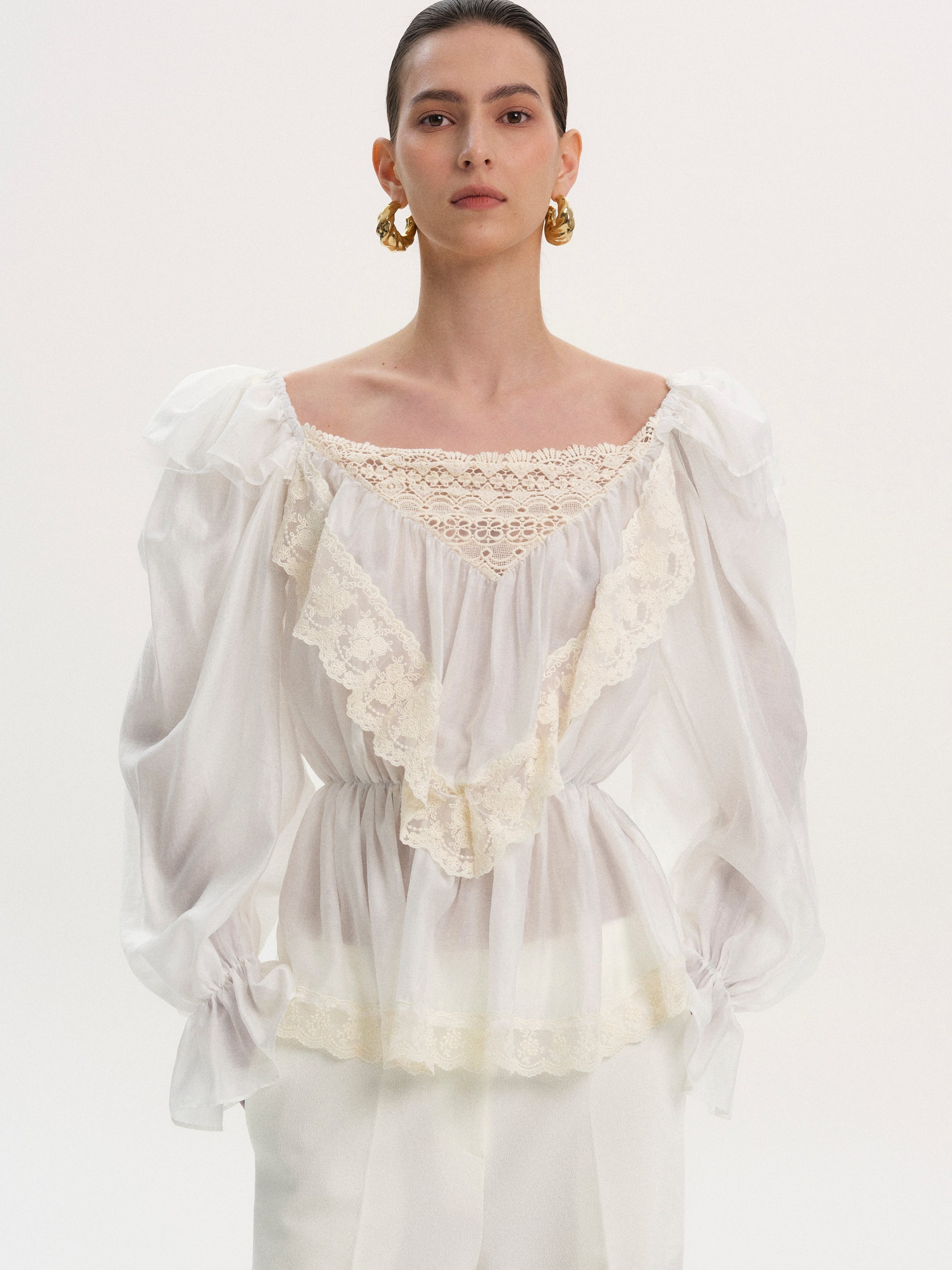 Broderie Lace Ruffle Blouse, Ivory