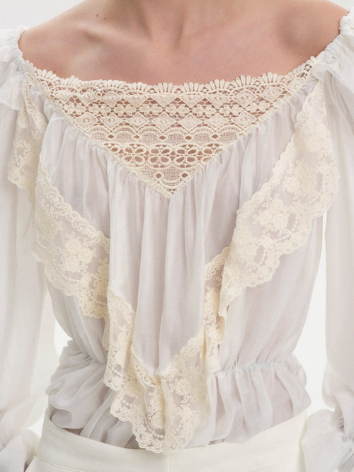 Broderie Lace Ruffle Blouse, Ivory