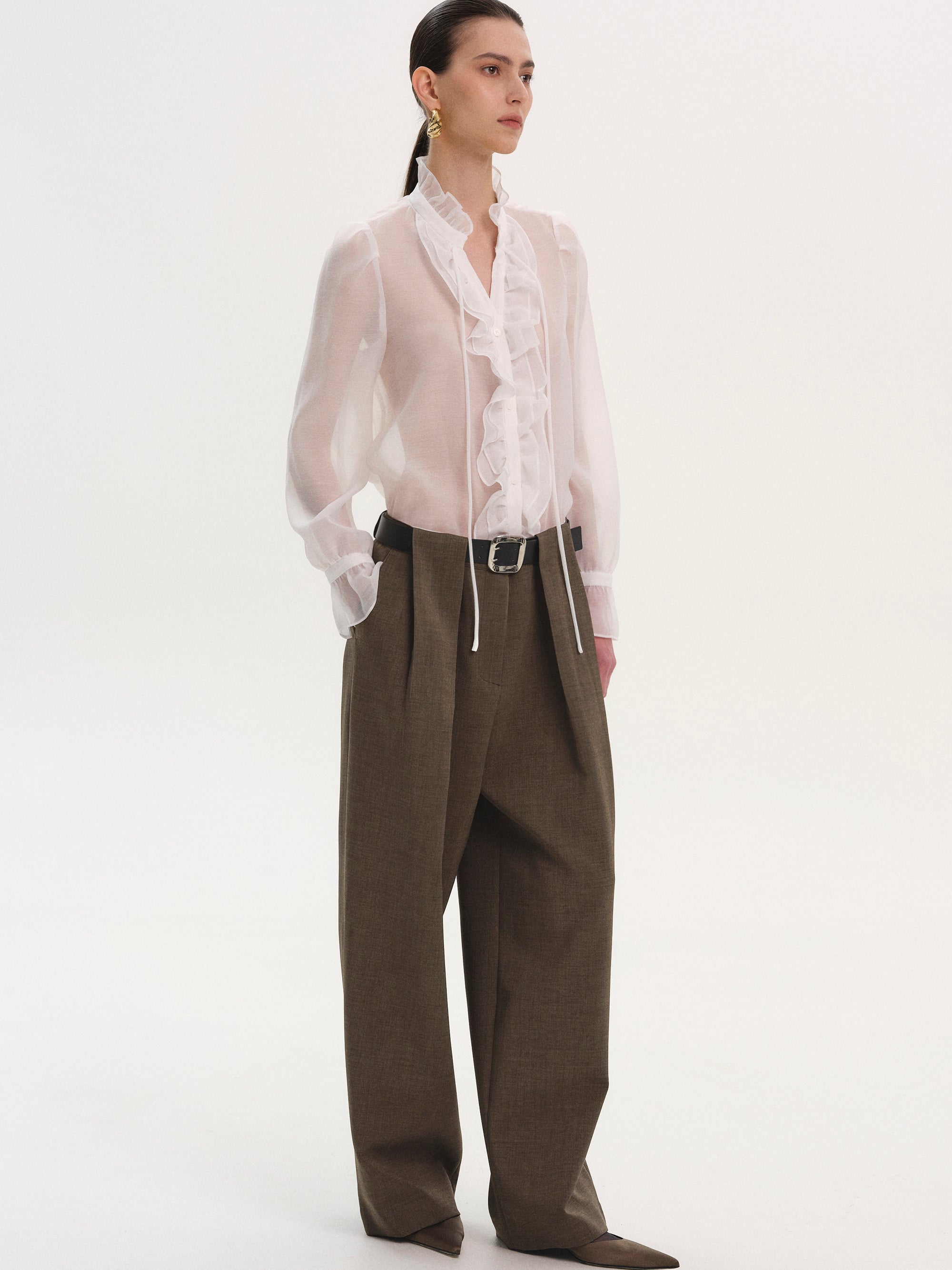 Belted Tuck Trousers, Brown