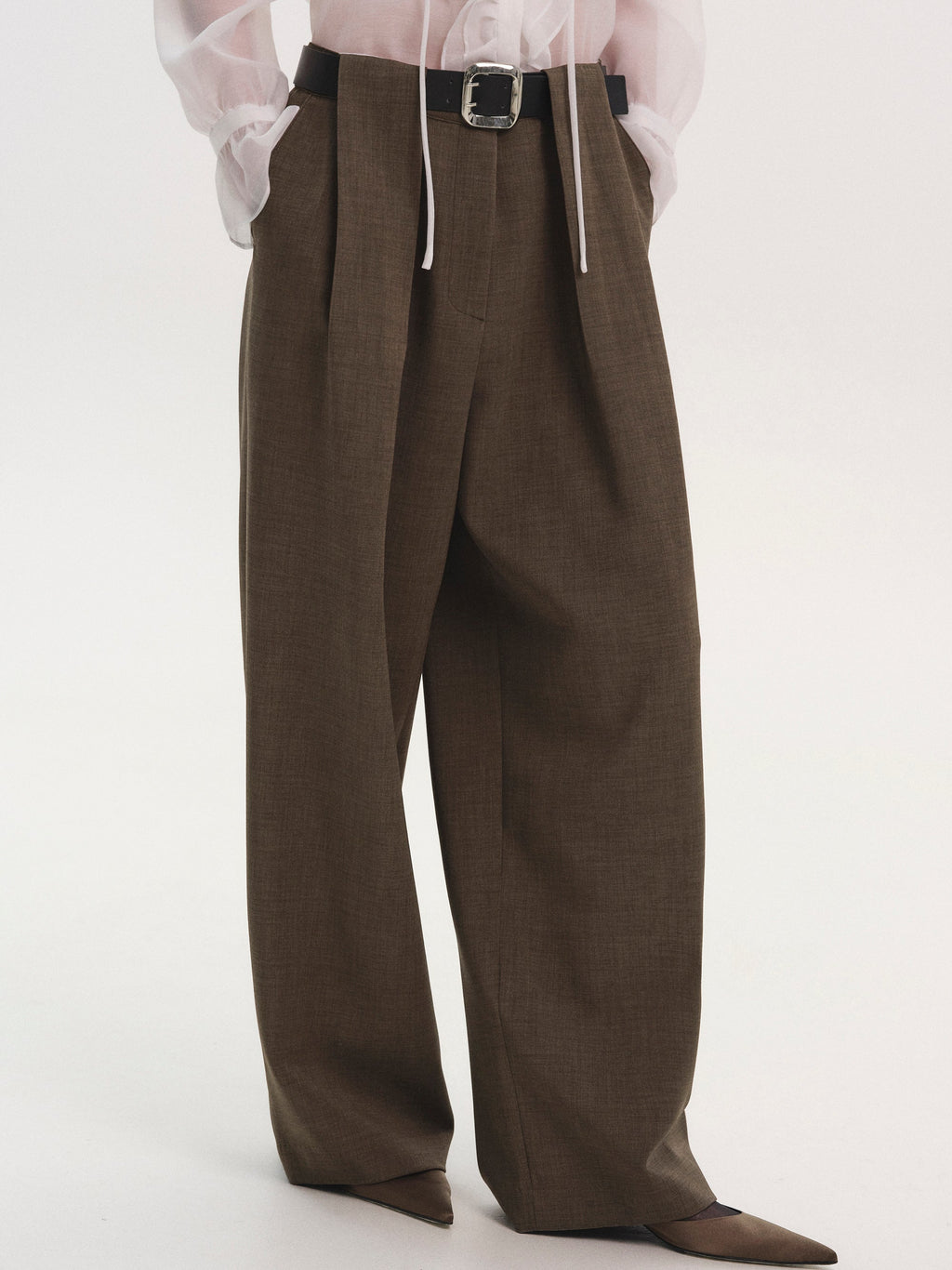 Belted Tuck Trousers, Brown