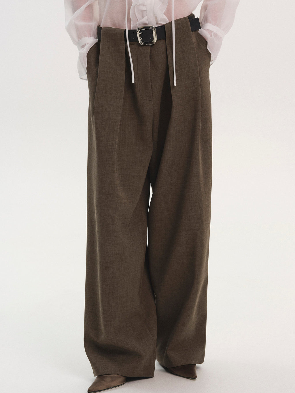 Belted Tuck Trousers, Brown