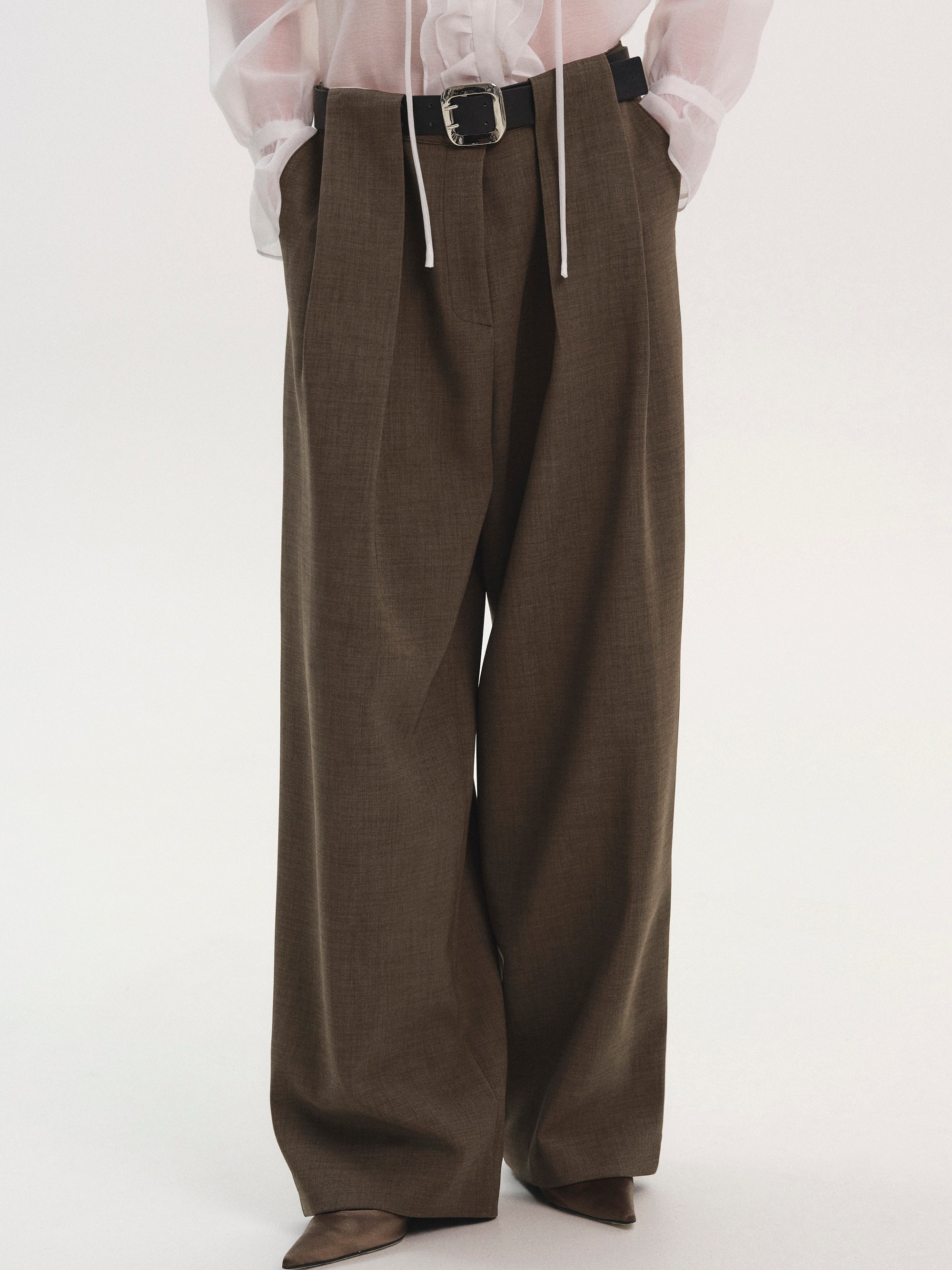 Belted Tuck Trousers, Brown