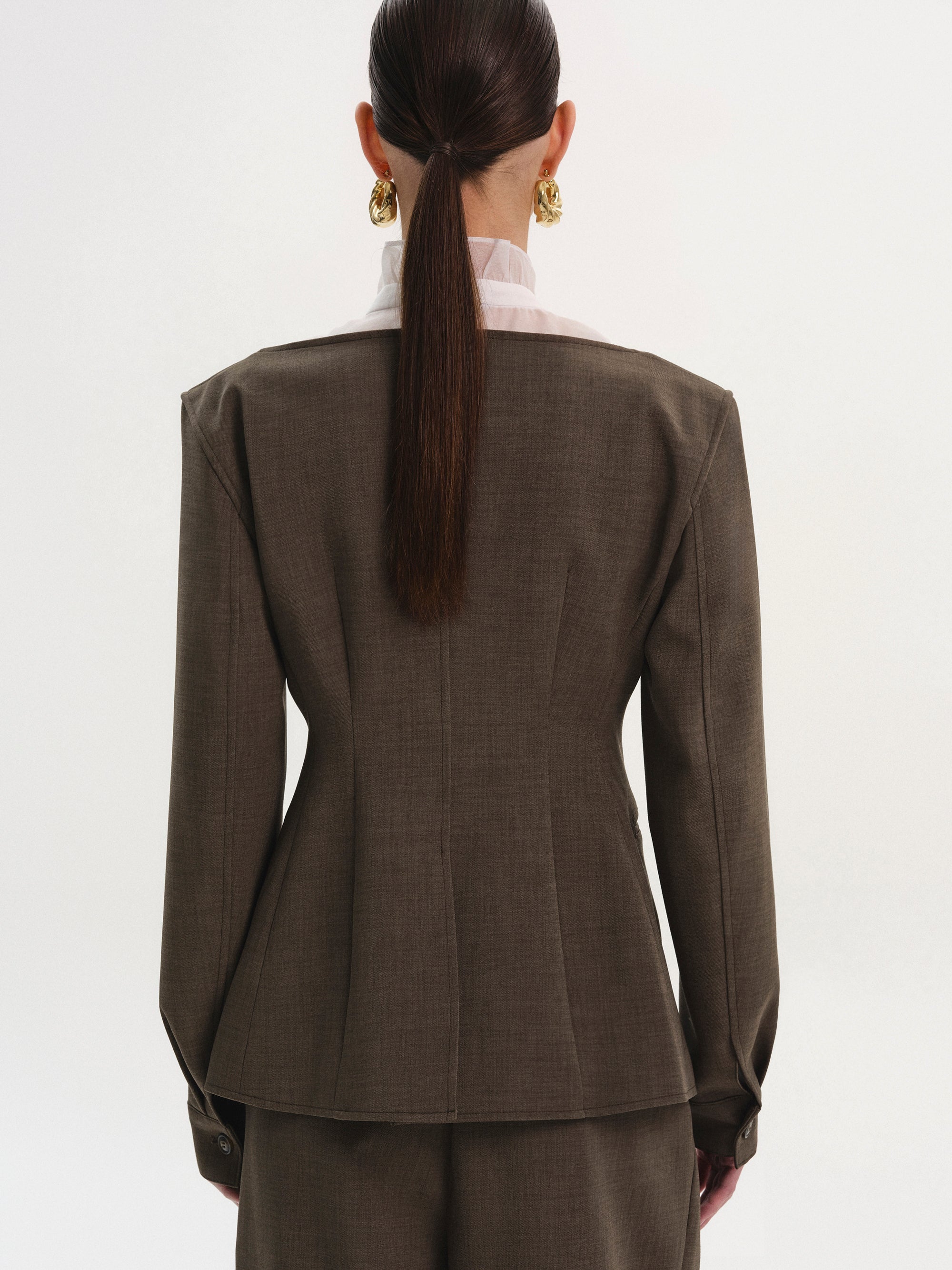 Boat Neck Cinched Blazer, Brown