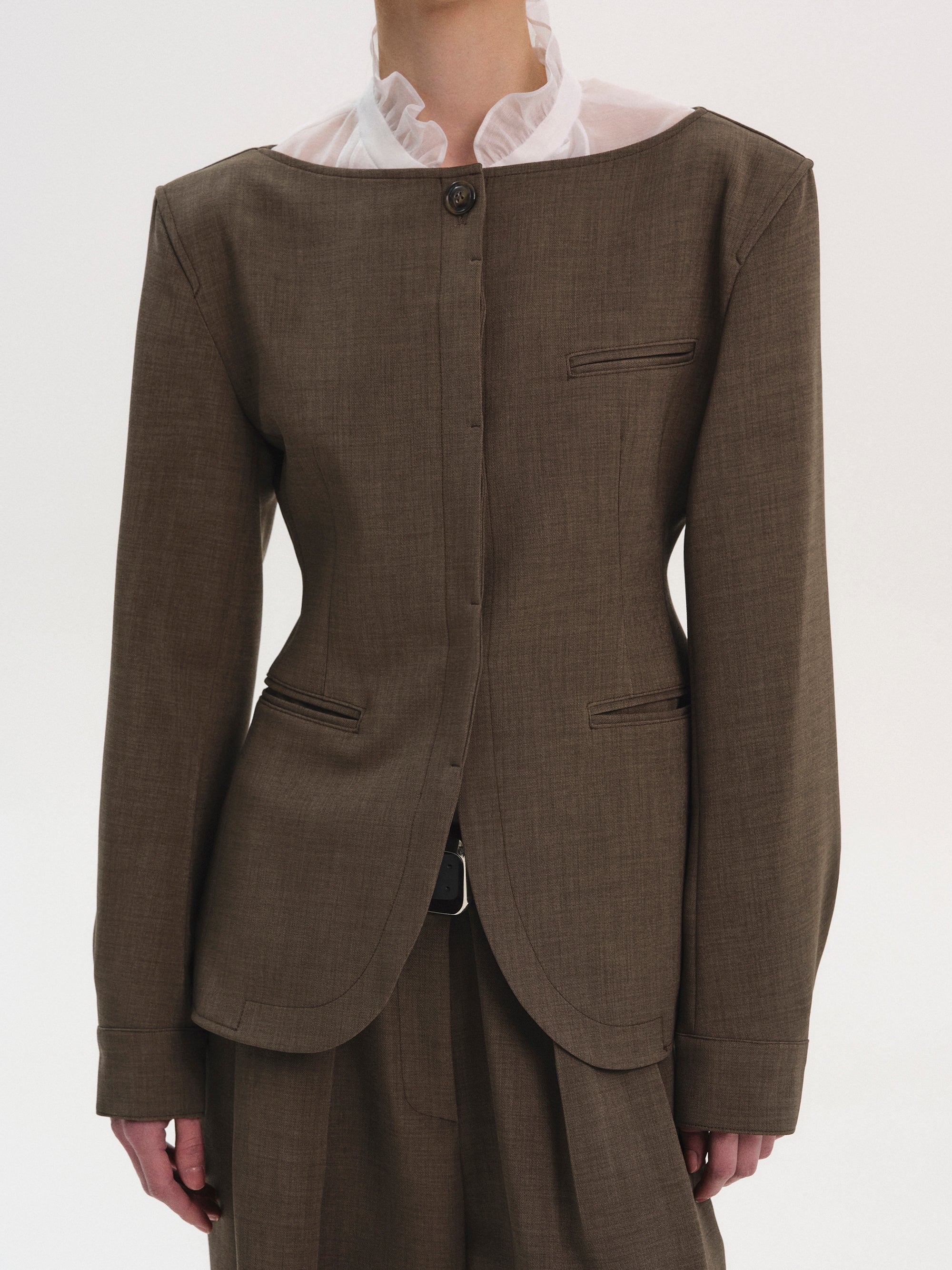 Boat Neck Cinched Blazer, Brown