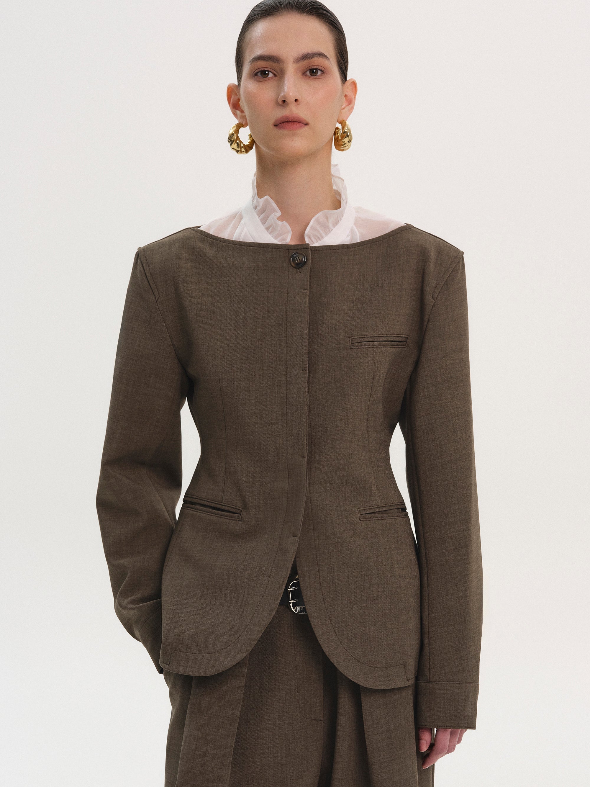 Boat Neck Cinched Blazer, Brown